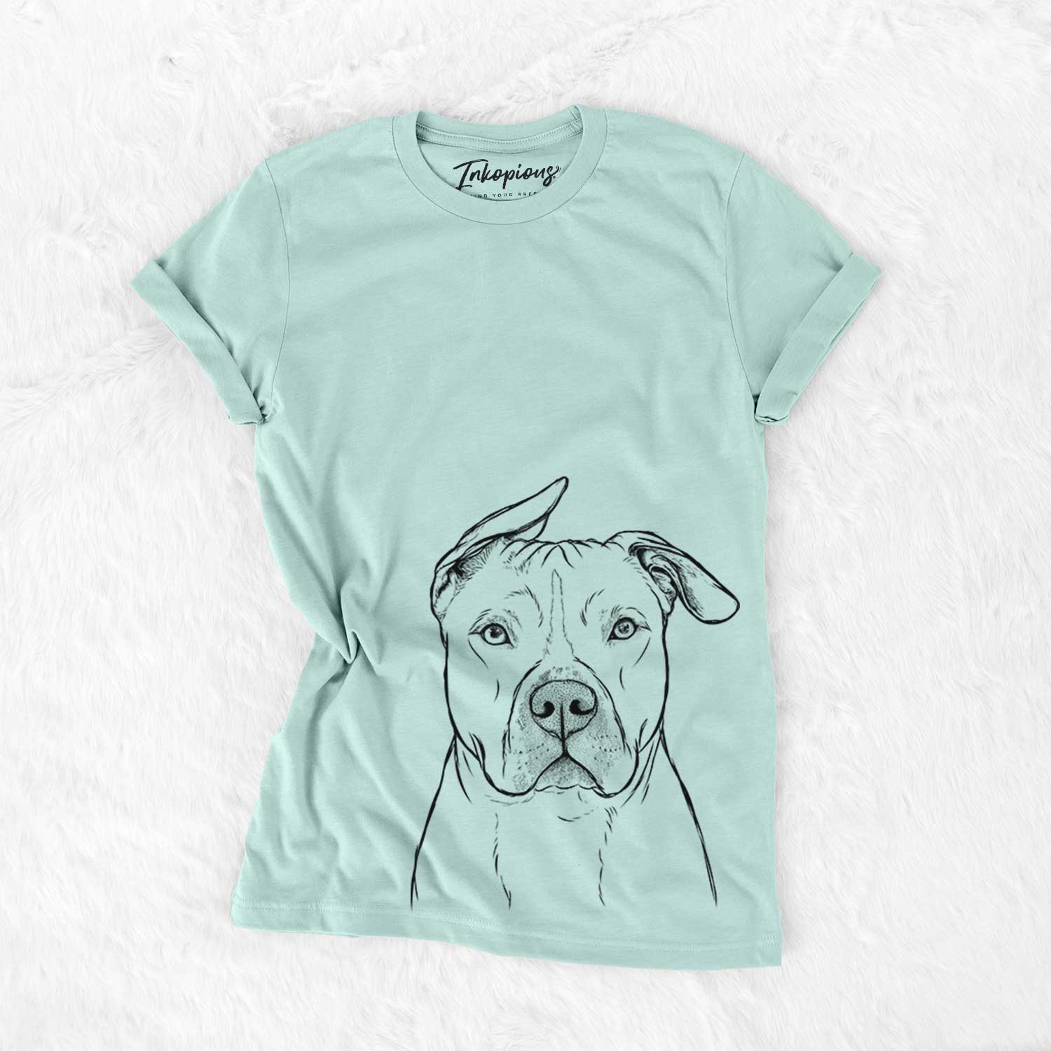 Hand-drawn sketch of Teddy Jam the Pitbull on a Heather Sage Bella Canvas Unisex Crewneck