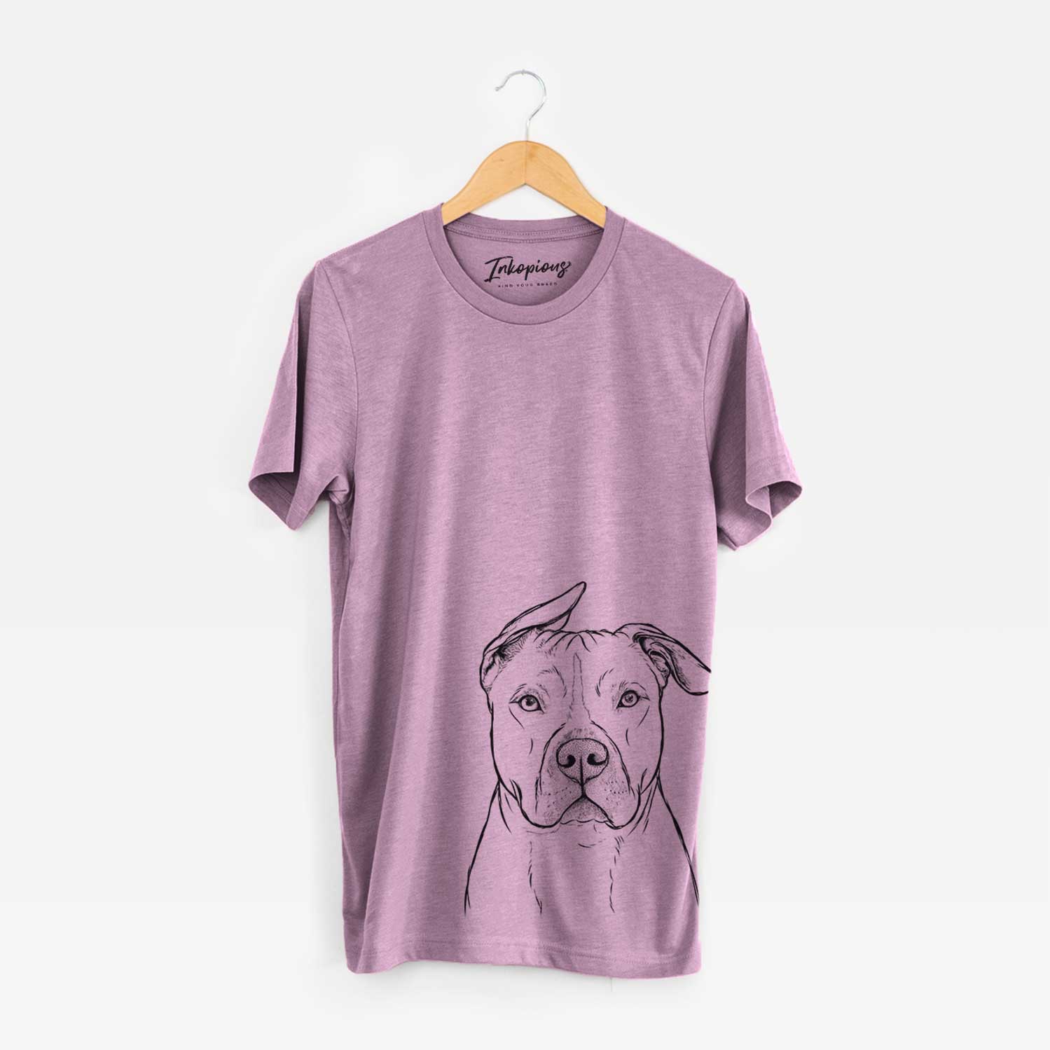 Hand-drawn sketch of Teddy Jam the Pitbull on an Orchid Bella Canvas Unisex Crewneck