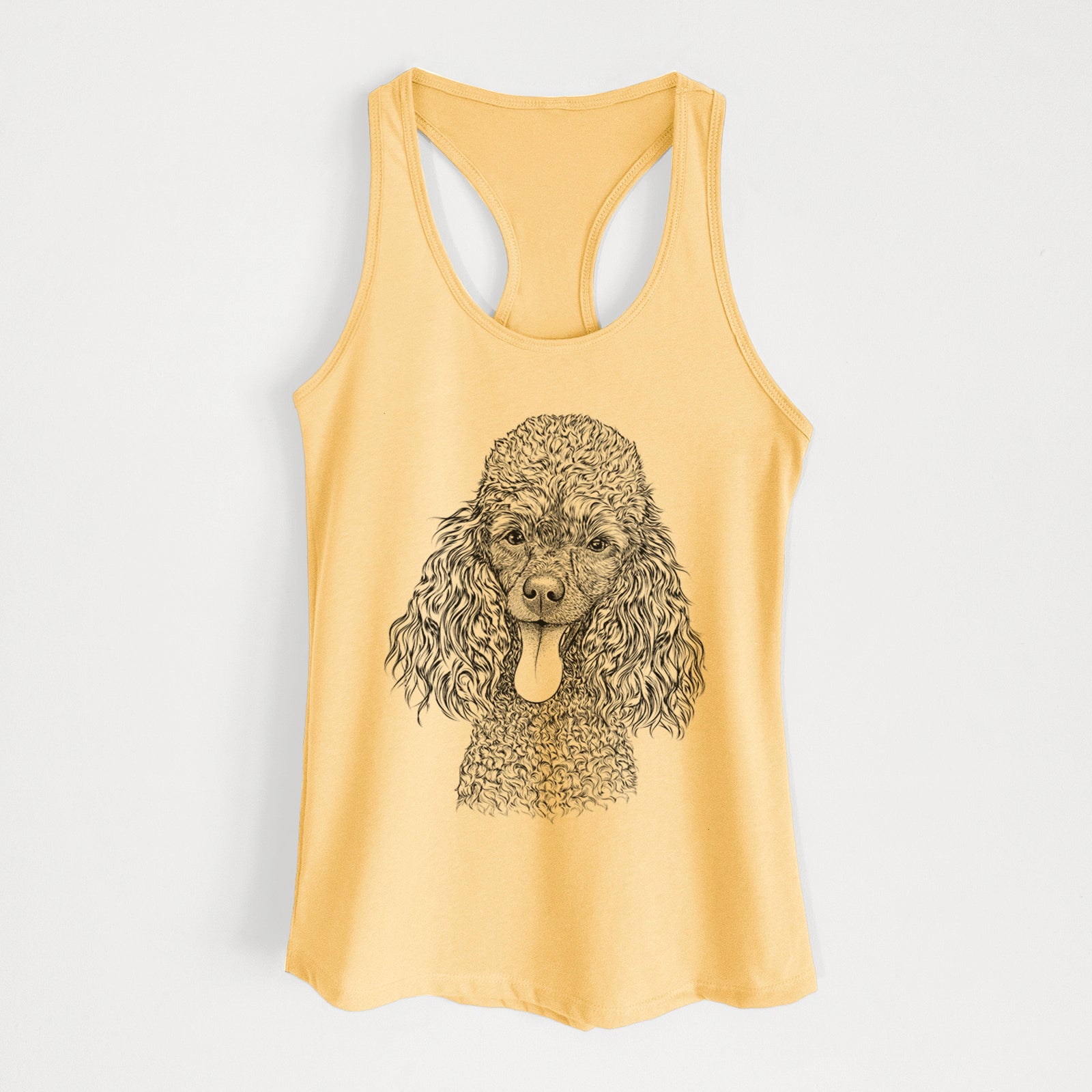 Hand-drawn sketch of Teddy the Mini Poodle on a Banana Cream Women's racerback tanktop