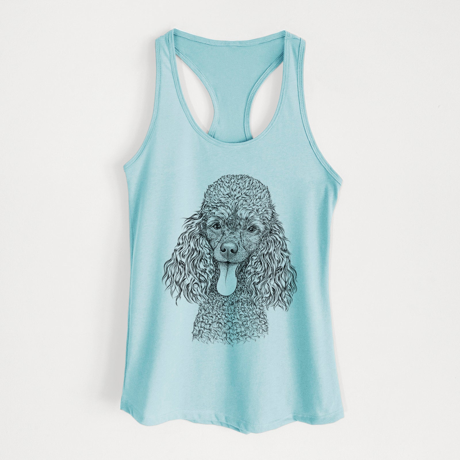 Hand-drawn sketch of Teddy the Mini Poodle on a Cancun Blue Women's racerback tanktop