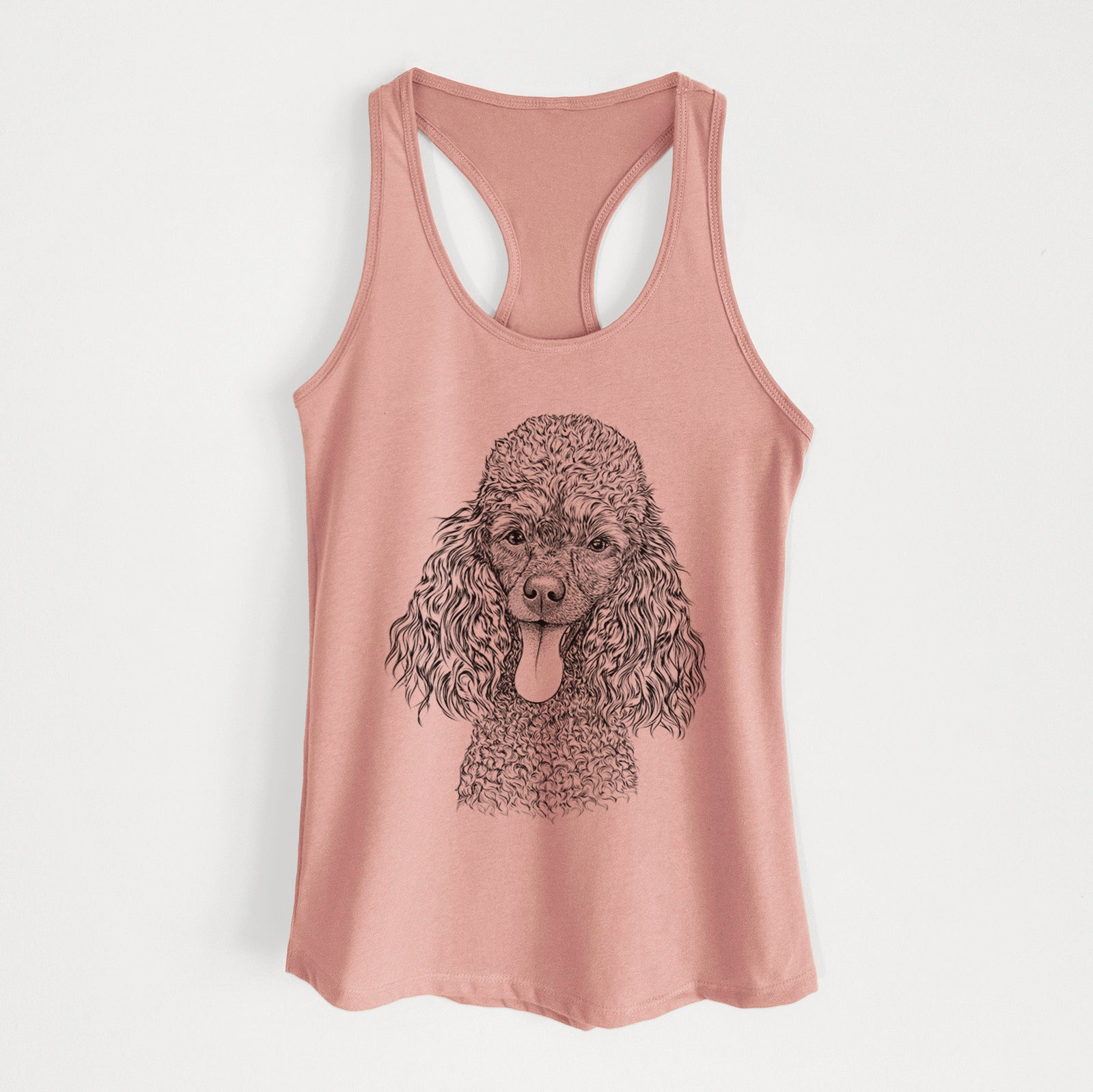 Hand-drawn sketch of Teddy the Mini Poodle on a Desert Pink Women's racerback tanktop