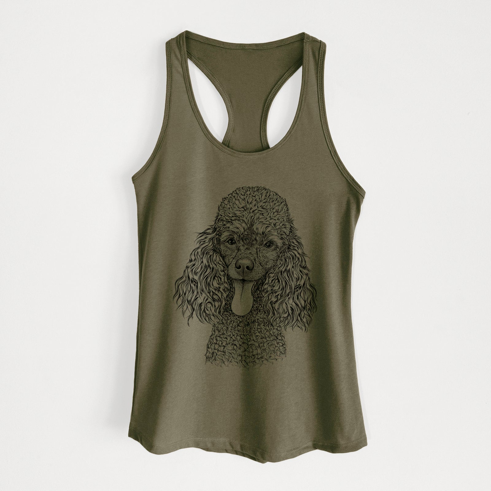 Hand-drawn sketch of Teddy the Mini Poodle on a Military Green Women's racerback tanktop