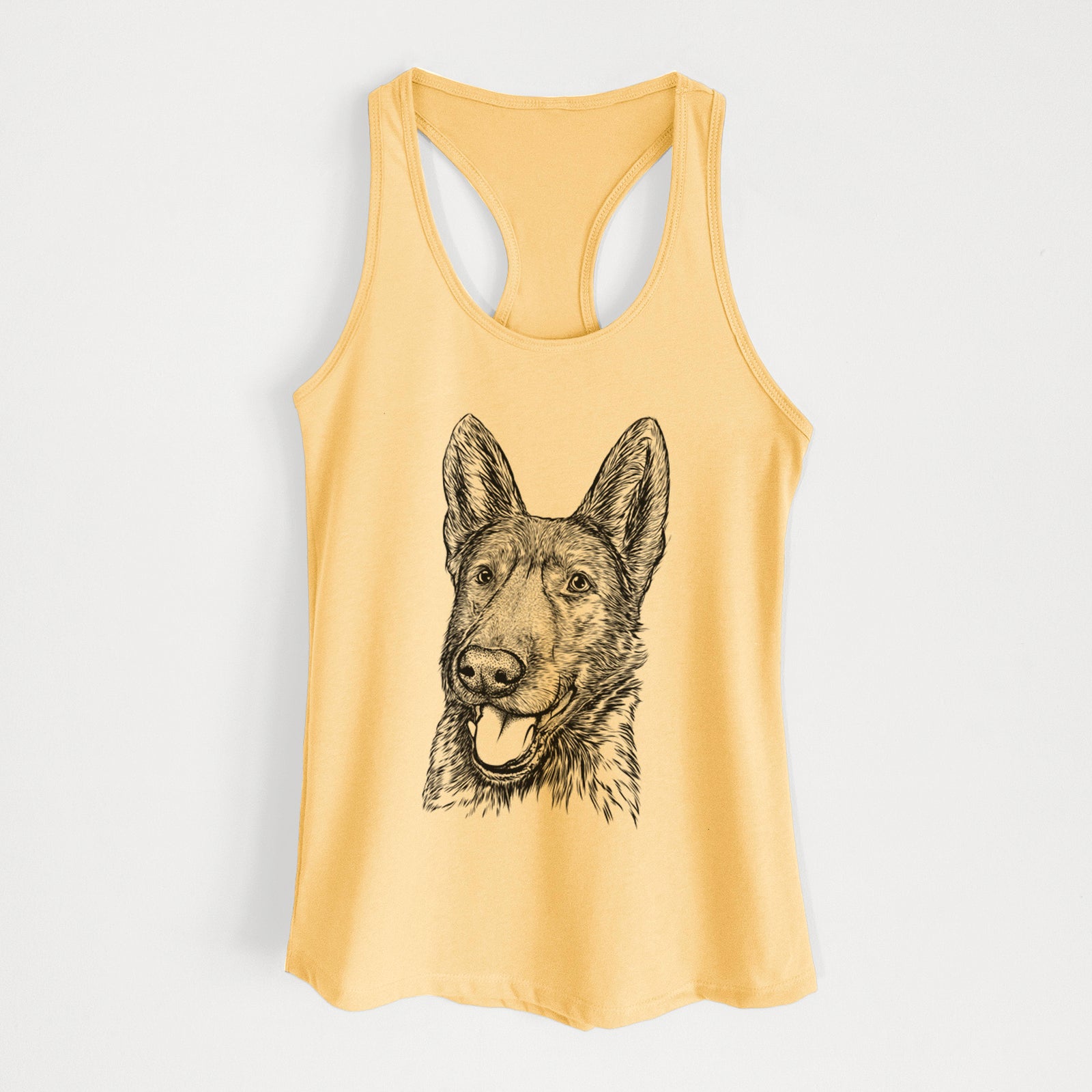Hand-drawn sketch of Tena the German Shepherd on a Banana Cream Women's racerback tanktop