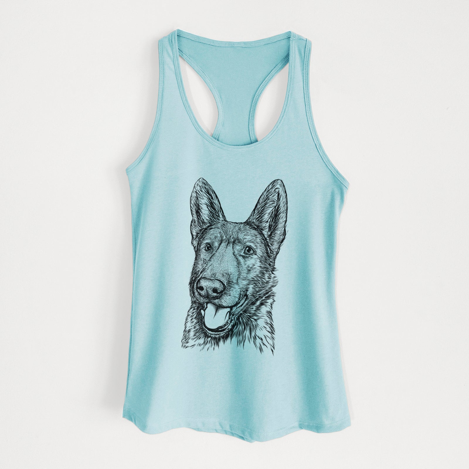 Hand-drawn sketch of Tena the German Shepherd on a Cancun Blue Women's racerback tanktop