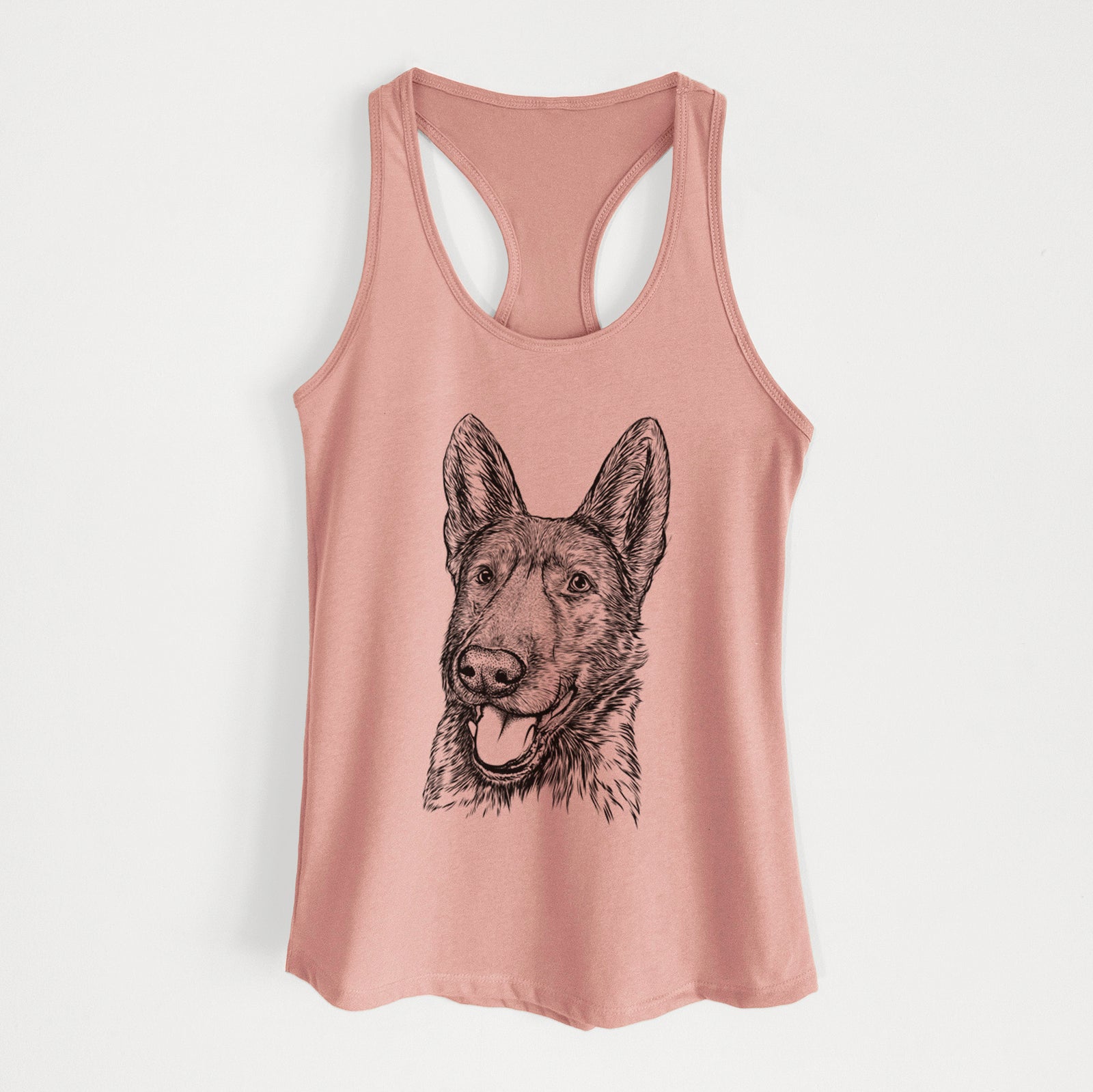 Hand-drawn sketch of Tena the German Shepherd on a Desert Pink Women's racerback tanktop