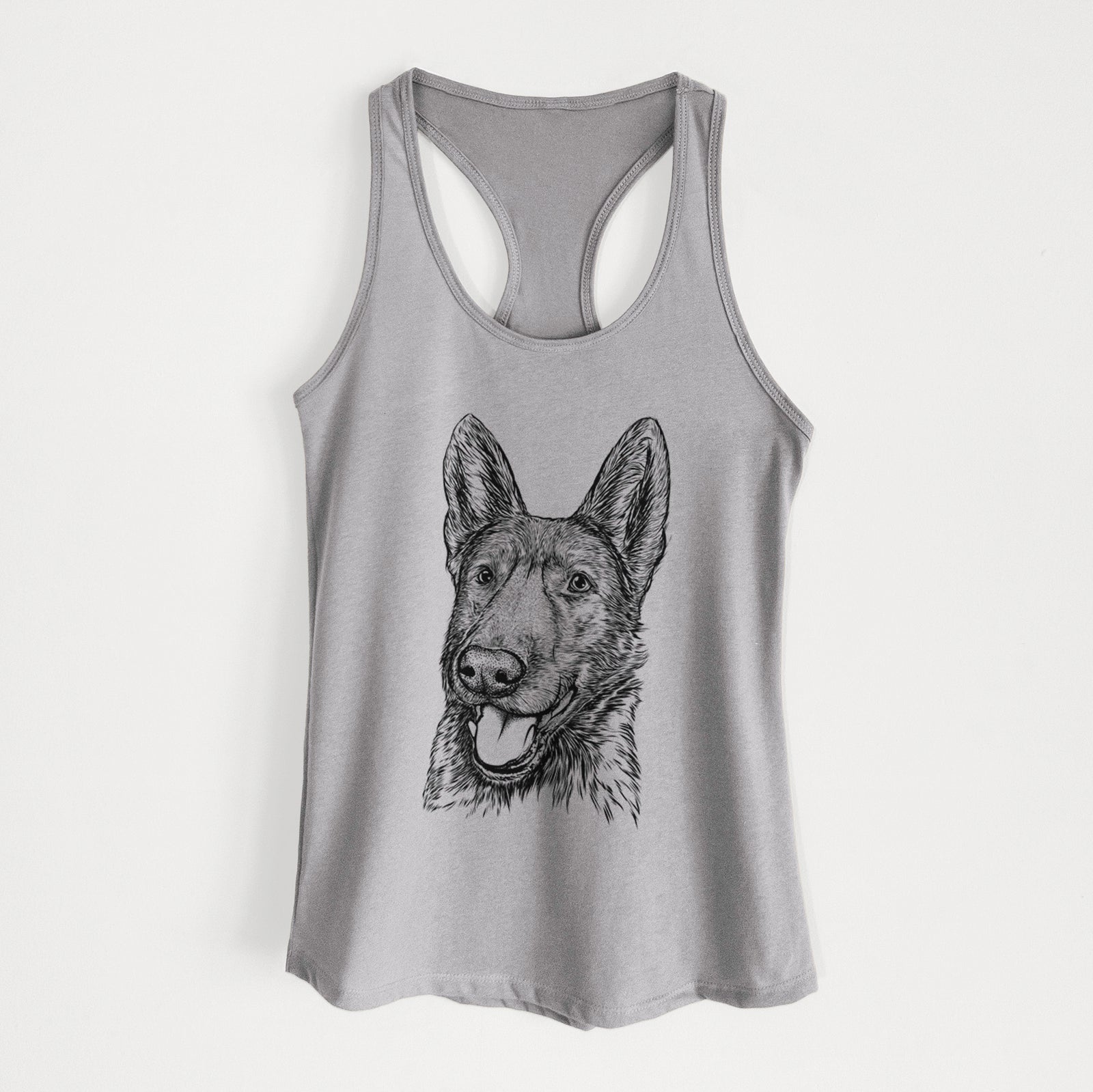 Hand-drawn sketch of Tena the German Shepherd on a Heather Grey Women's racerback tanktop