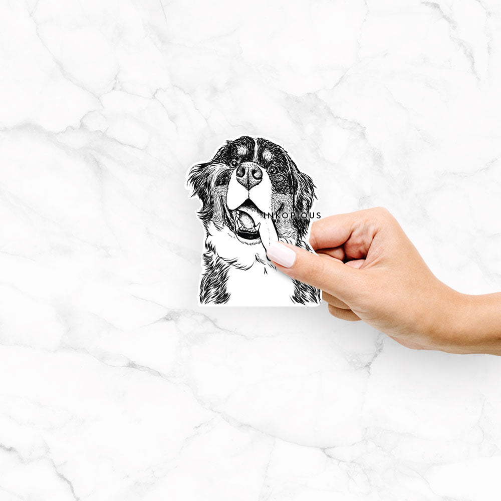 Hand-drawn sketch of Theo the Bernese Mountain Dog on a decal sticker