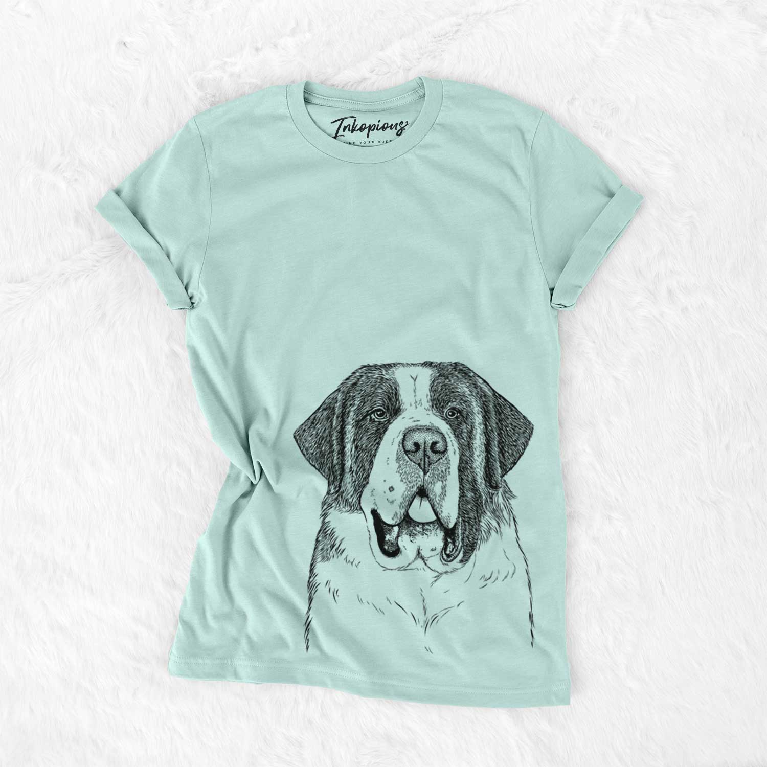 Hand-drawn sketch of Thor the Saint Bernard on a Heather Sage Bella Canvas Unisex Crewneck