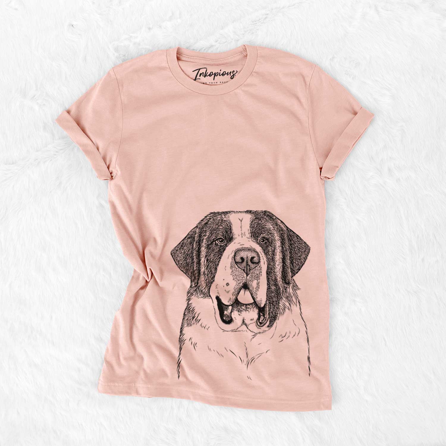 Hand-drawn sketch of Thor the Saint Bernard on a Peach Bella Canvas Unisex Crewneck