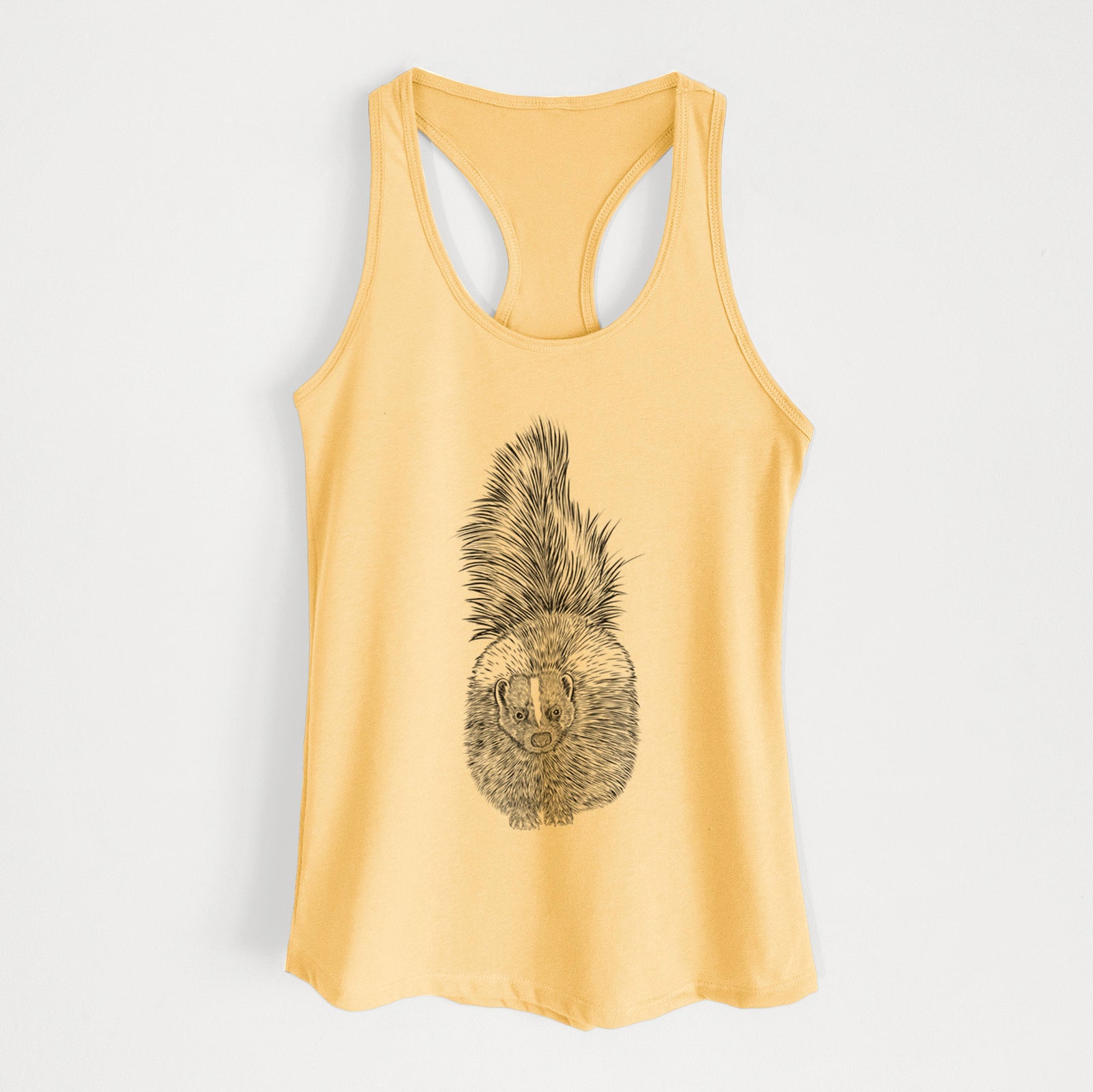 Hand-drawn sketch of Tibbs the Skunk on a Banana Cream Women's racerback tanktop