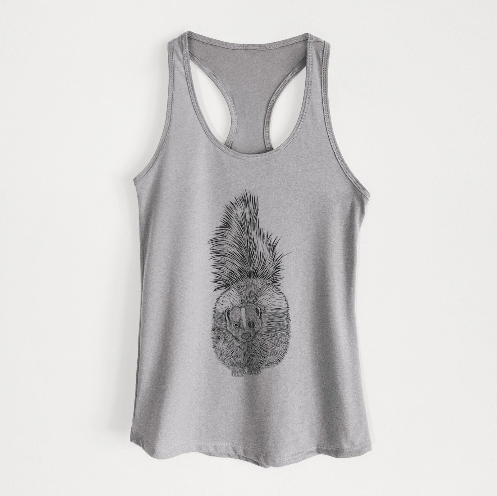 Hand-drawn sketch of Tibbs the Skunk on a Heather Grey Women's racerback tanktop