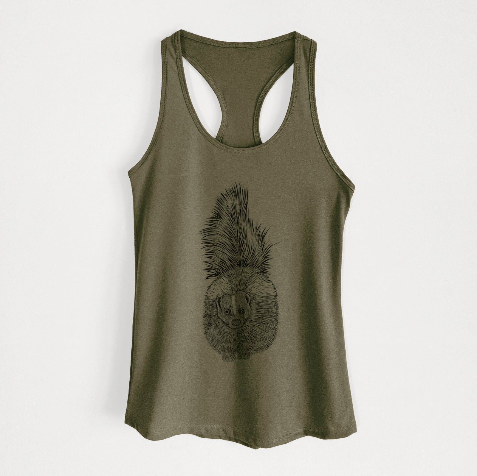 Hand-drawn sketch of Tibbs the Skunk on a Military Green Women's racerback tanktop