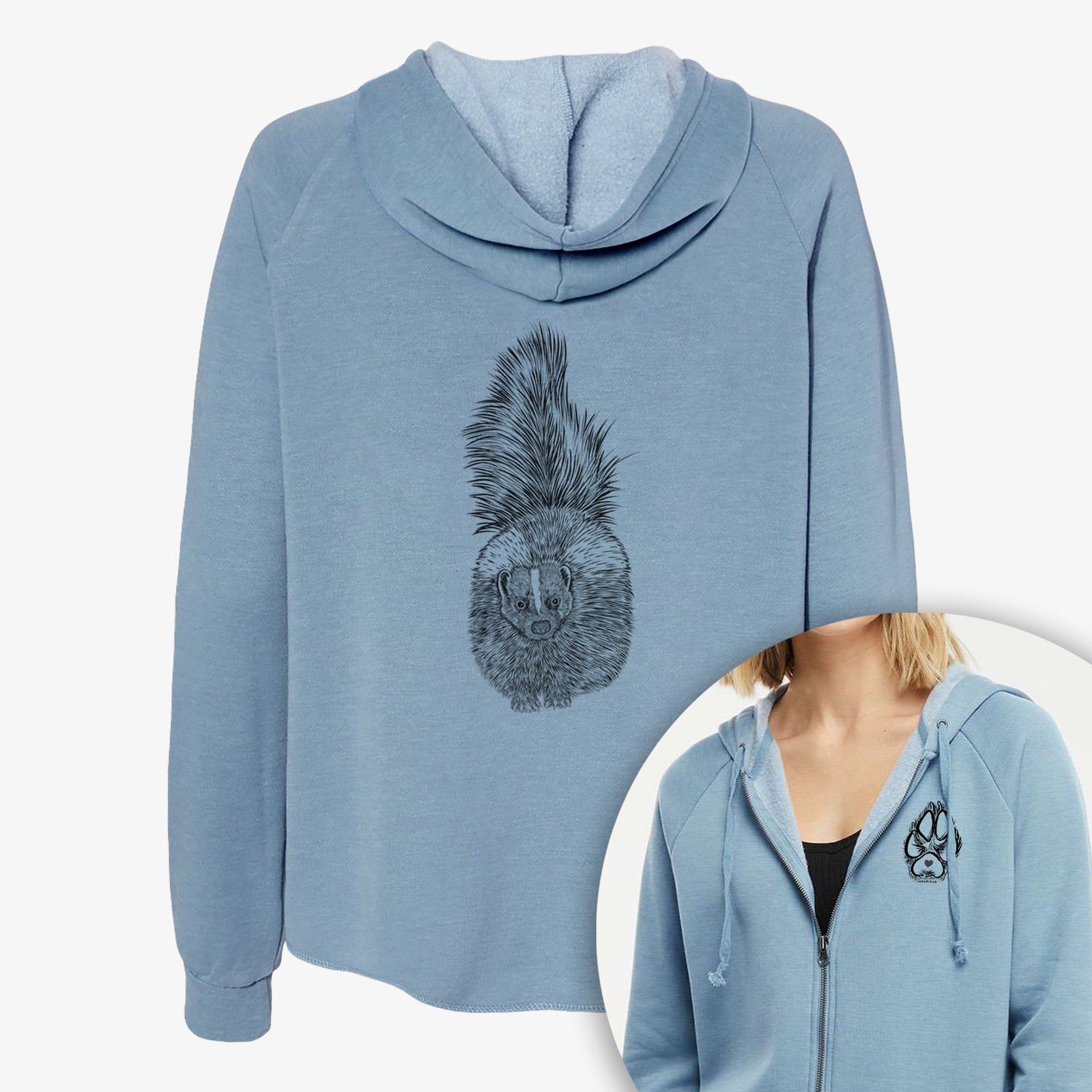 Hand-drawn sketch of Tibbs the Skunk on a Women's cali wave zip-up sweatshirt, shown with icons of the other available costume styles