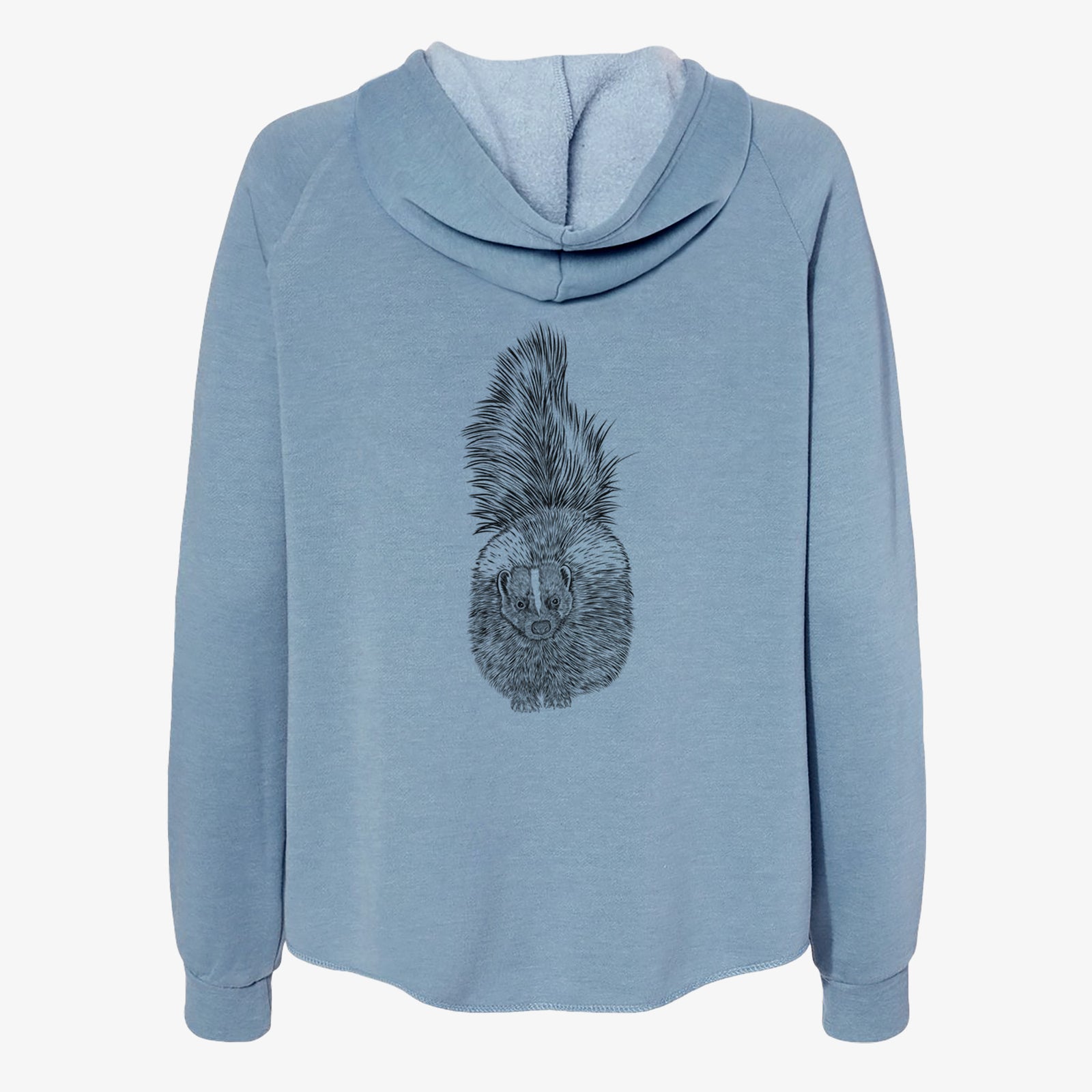 Hand-drawn sketch of Tibbs the Skunk on a Misty Blue Women's cali wave zip-up sweatshirt