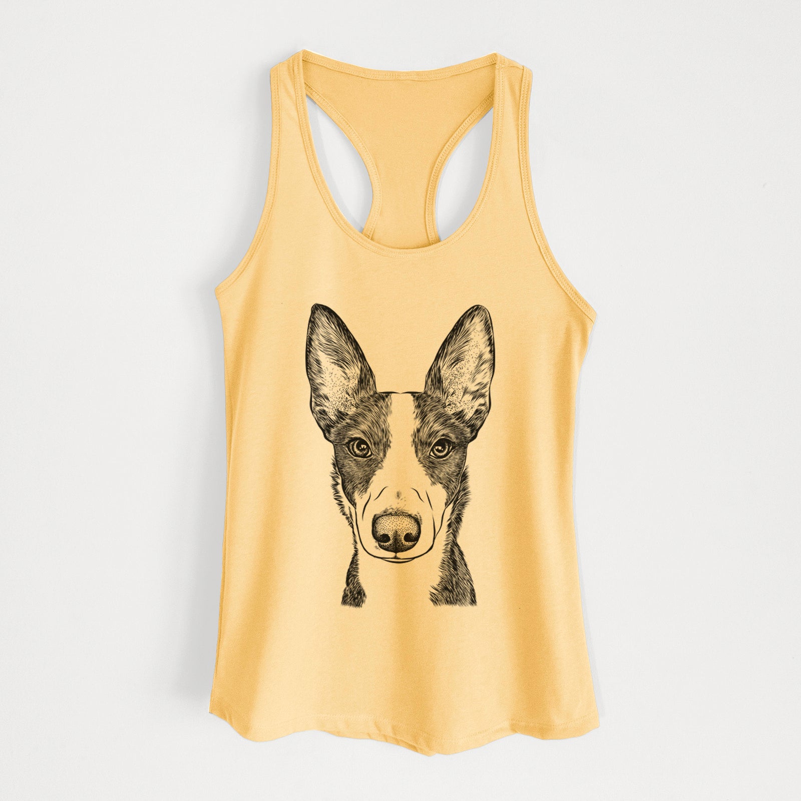 Hand-drawn sketch of Tigm the Bippet on a Banana Cream Women's racerback tanktop