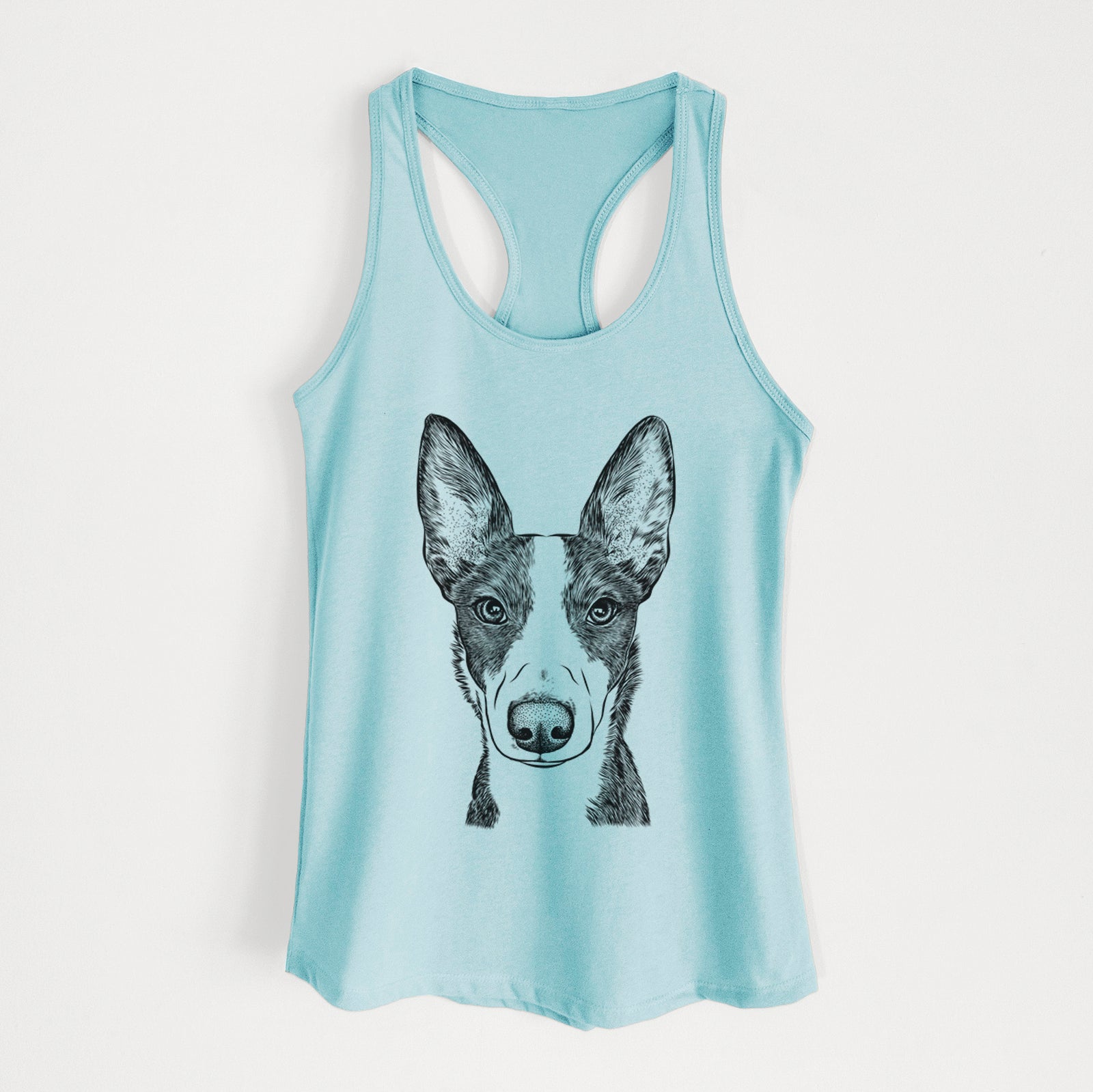 Hand-drawn sketch of Tigm the Bippet on a Cancun Blue Women's racerback tanktop