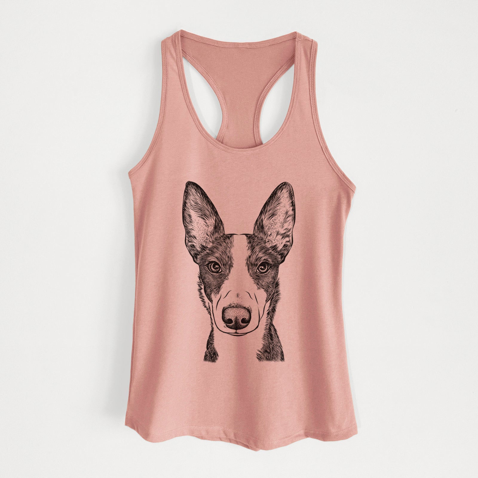 Hand-drawn sketch of Tigm the Bippet on a Desert Pink Women's racerback tanktop