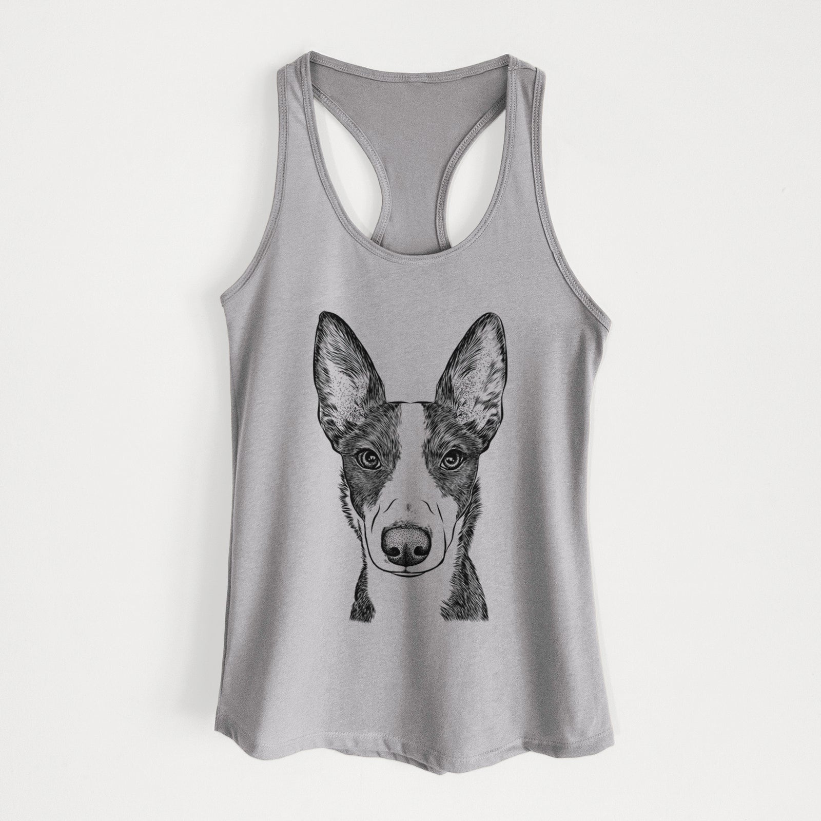 Hand-drawn sketch of Tigm the Bippet on a Heather Grey Women's racerback tanktop