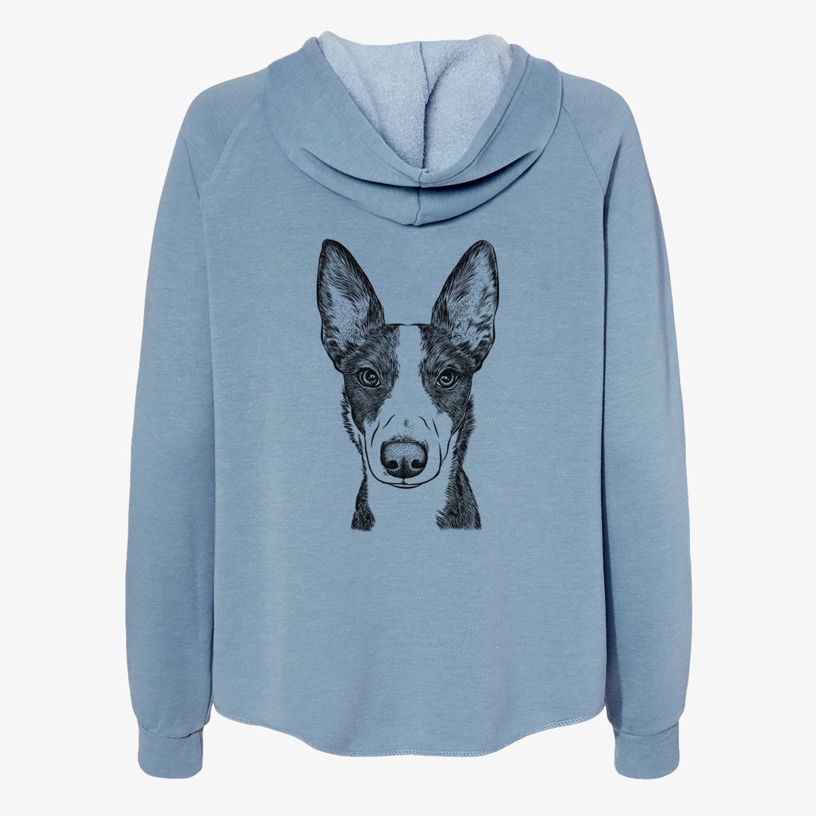 Hand-drawn sketch of Tigm the Bippet on a Misty Blue Women's cali wave zip-up sweatshirt