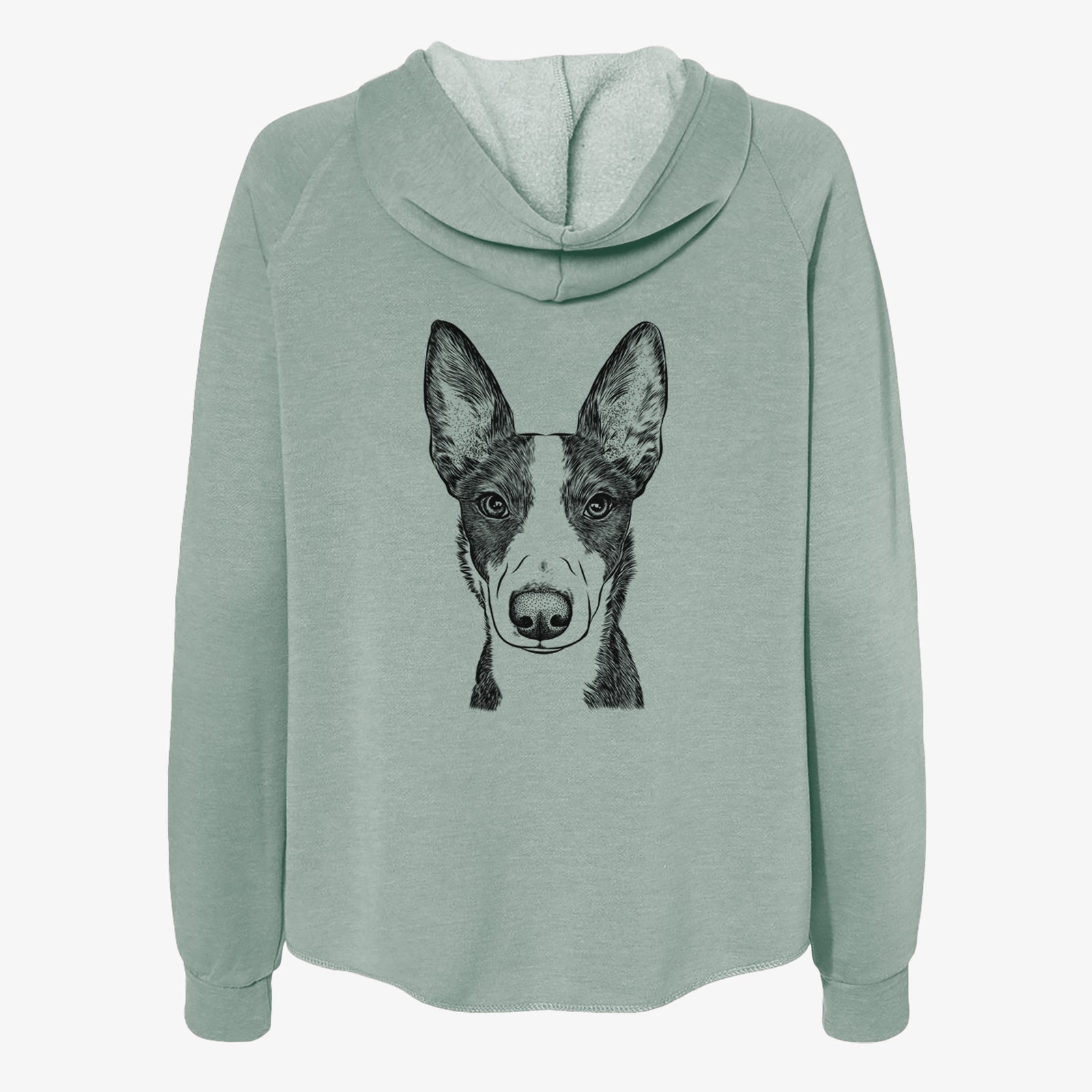 Hand-drawn sketch of Tigm the Bippet on a Sage Women's cali wave zip-up sweatshirt