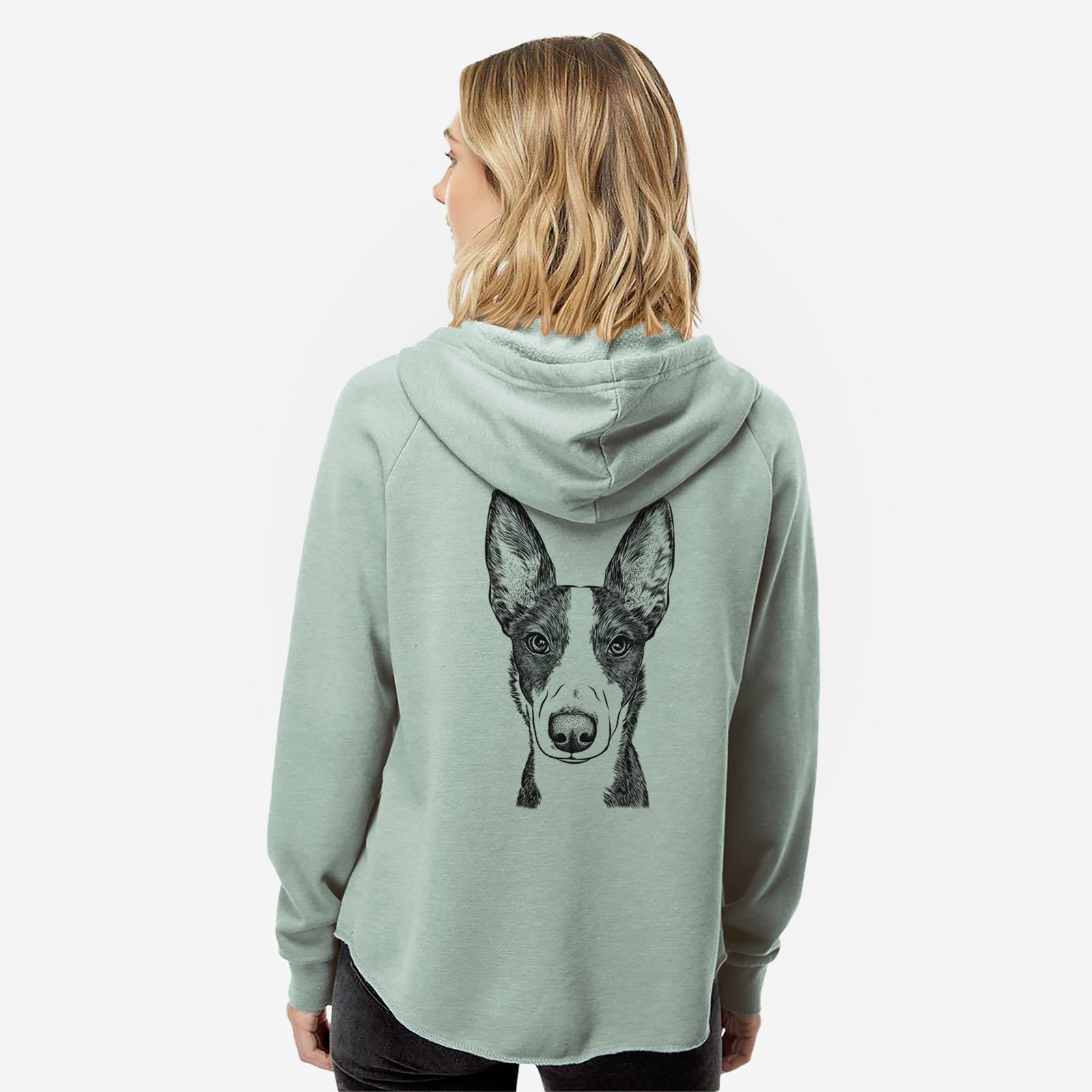 Hand-drawn sketch of Tigm the Bippet on a Sage Women's cali wave zip-up sweatshirt