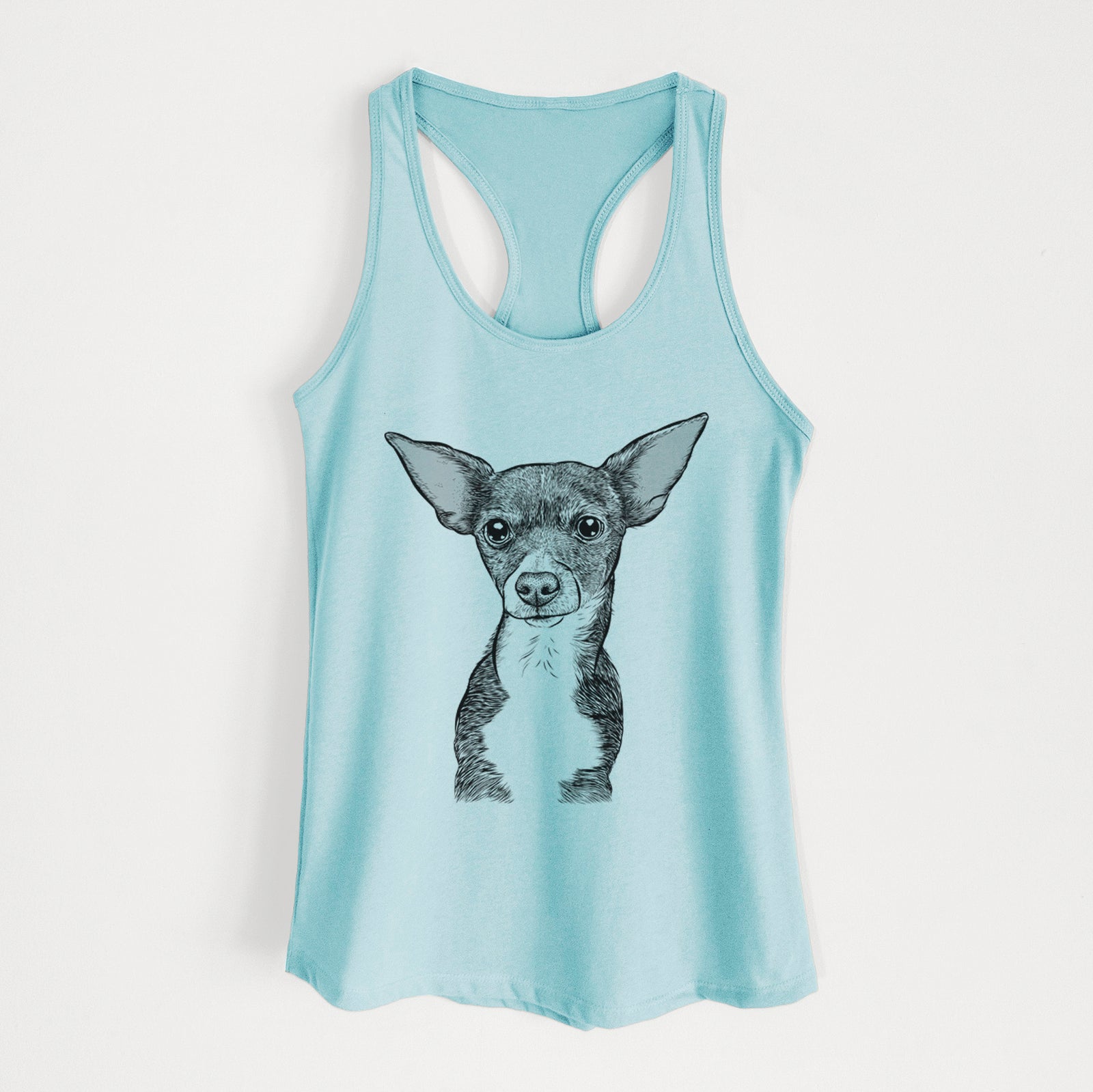 Hand-drawn sketch of Tiny Archie the Mixed Breed on a Cancun Blue Women's racerback tanktop