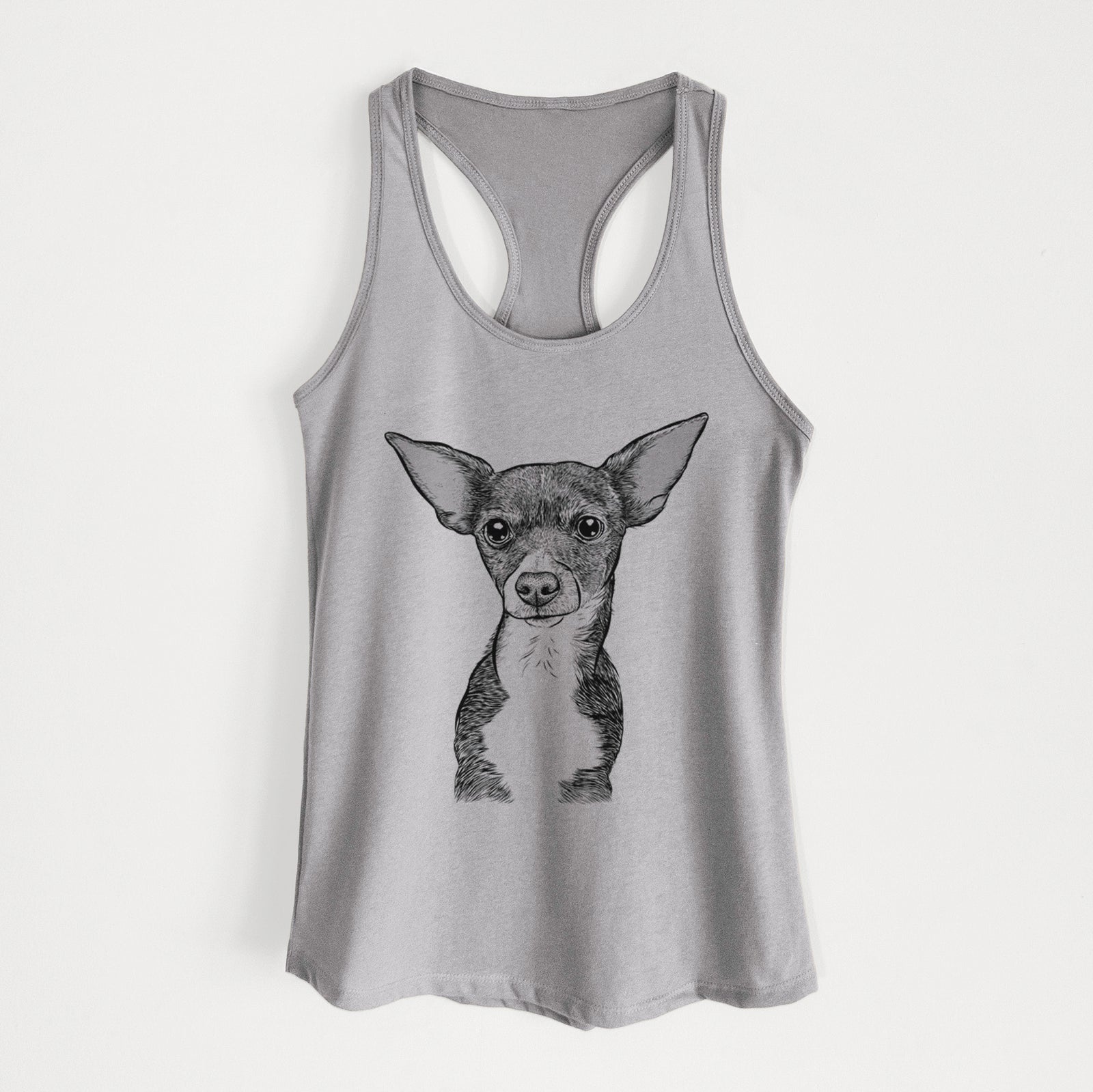 Hand-drawn sketch of Tiny Archie the Mixed Breed on a Heather Grey Women's racerback tanktop