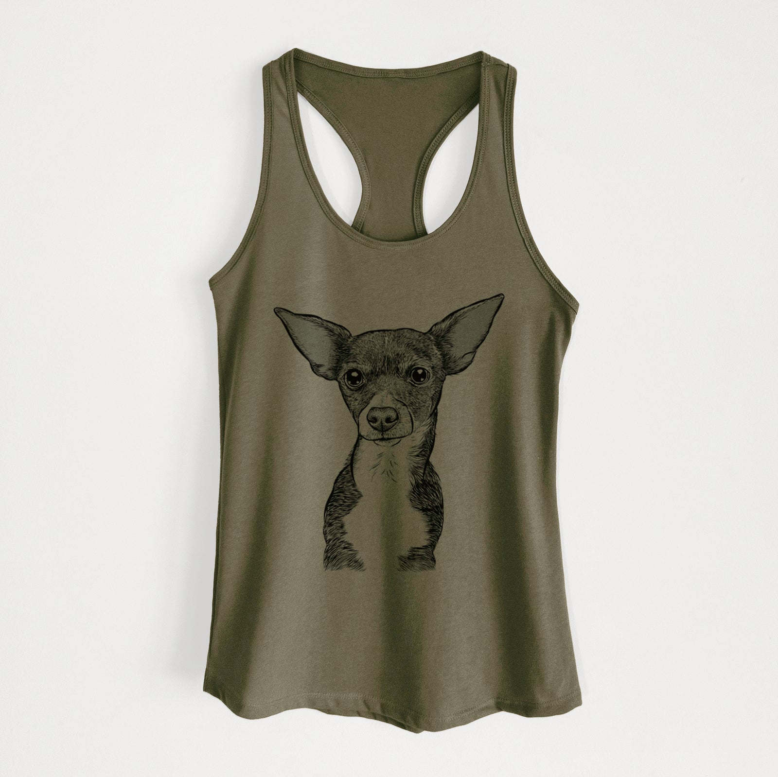 Hand-drawn sketch of Tiny Archie the Mixed Breed on a Military Green Women's racerback tanktop