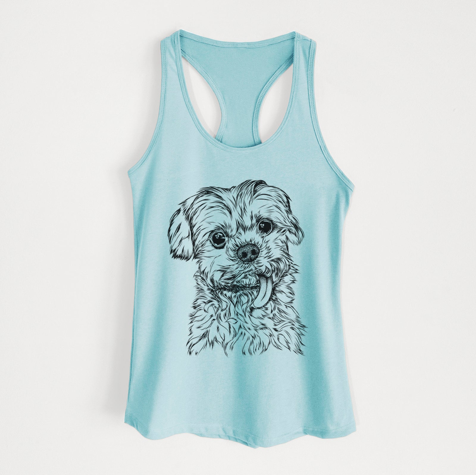 Hand-drawn sketch of Tiny Titan the Shih Tzu on a Cancun Blue Women's racerback tanktop