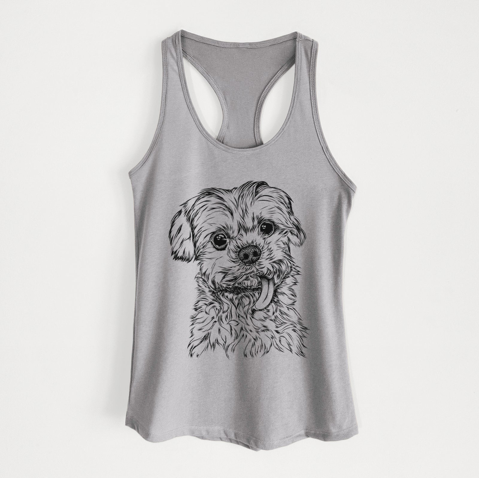 Hand-drawn sketch of Tiny Titan the Shih Tzu on a Heather Grey Women's racerback tanktop
