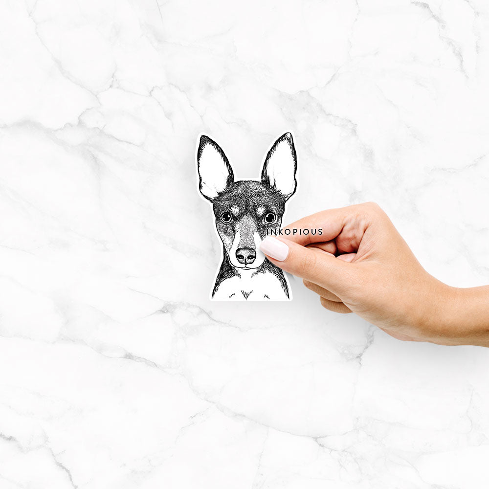Hand-drawn sketch of Tiny the Toy Fox Terrier on a decal sticker