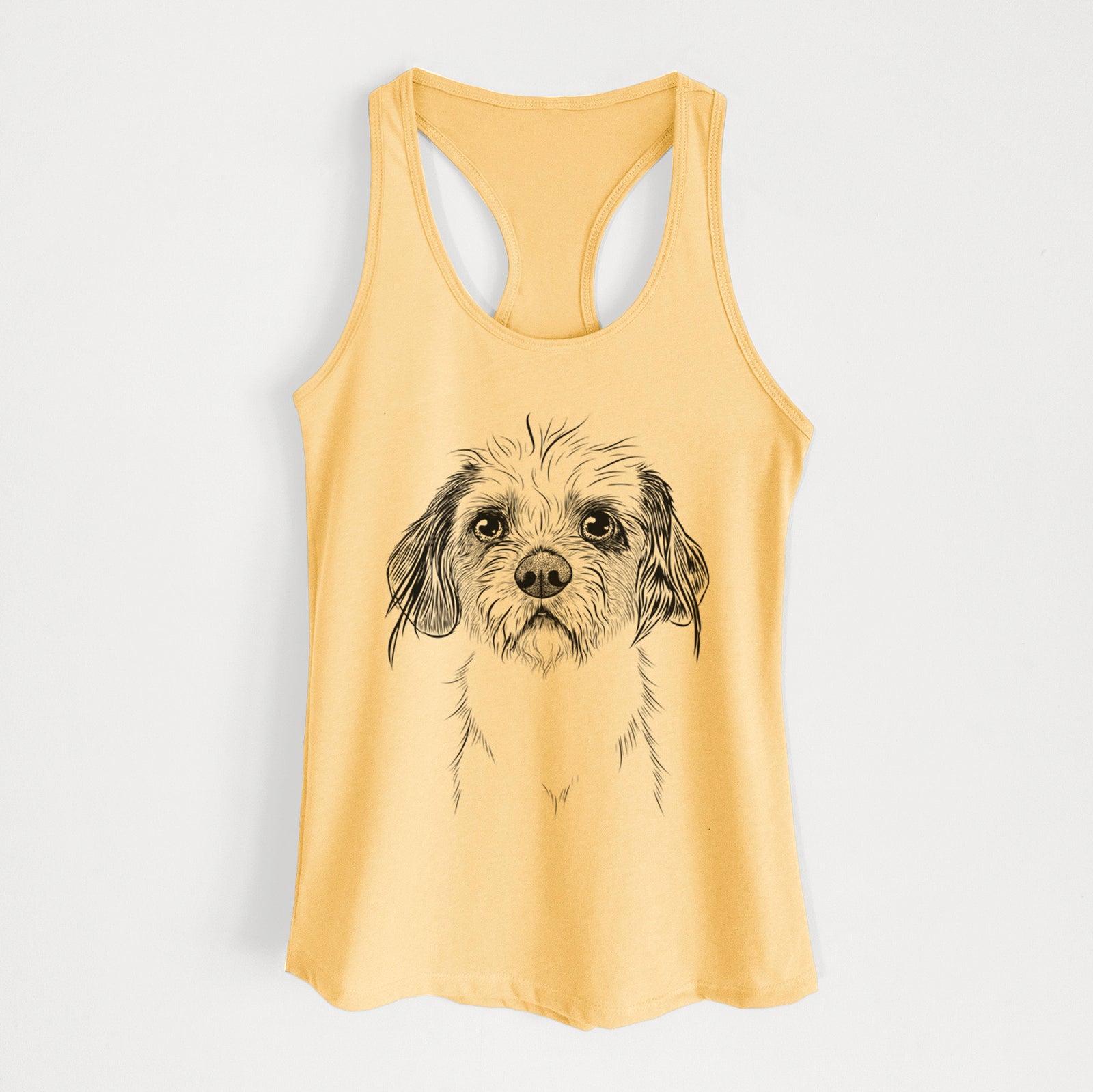 Hand-drawn sketch of Tiny Tucker the Mixed Breed on a Banana Cream Women's racerback tanktop