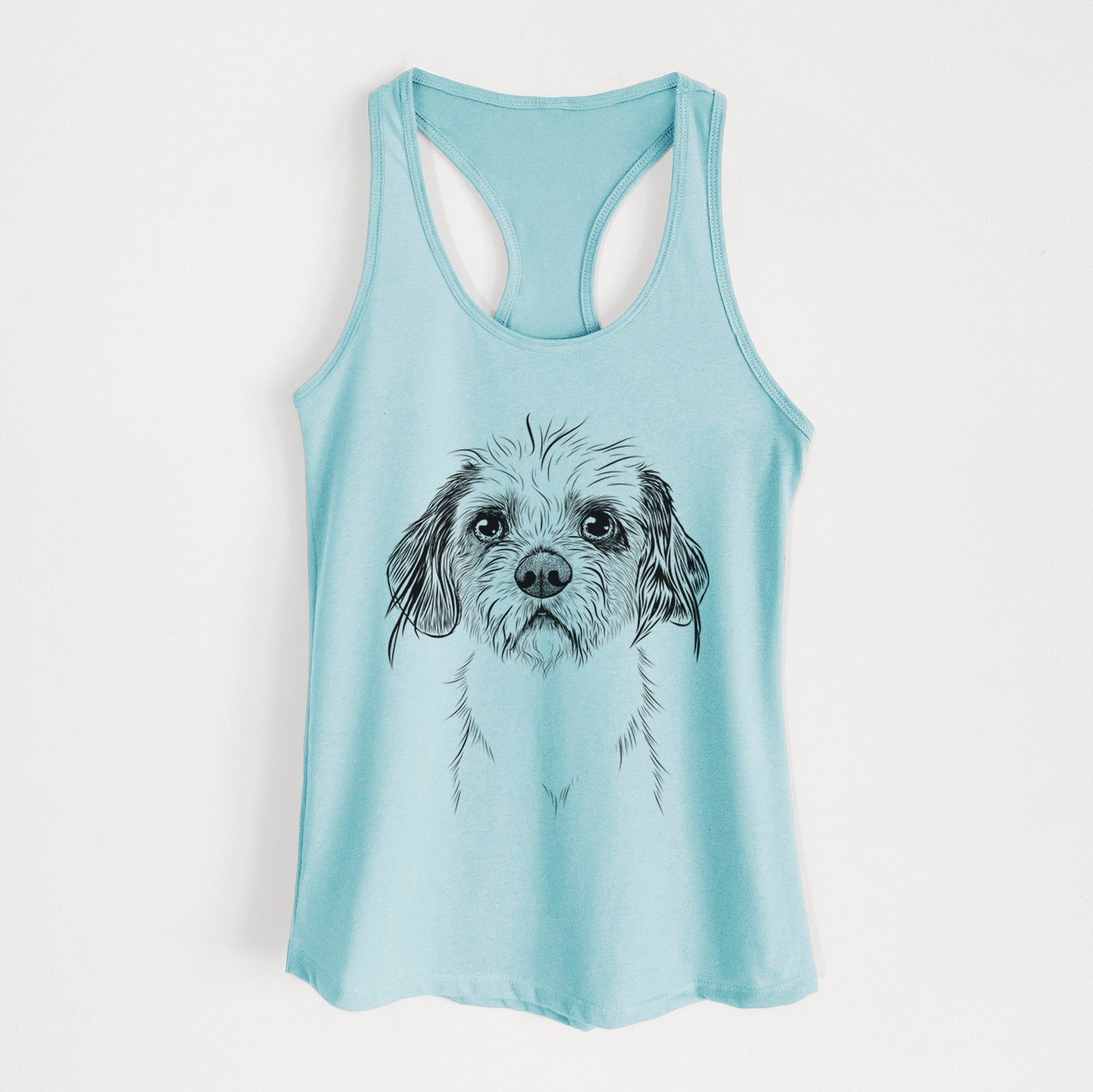 Hand-drawn sketch of Tiny Tucker the Mixed Breed on a Cancun Blue Women's racerback tanktop