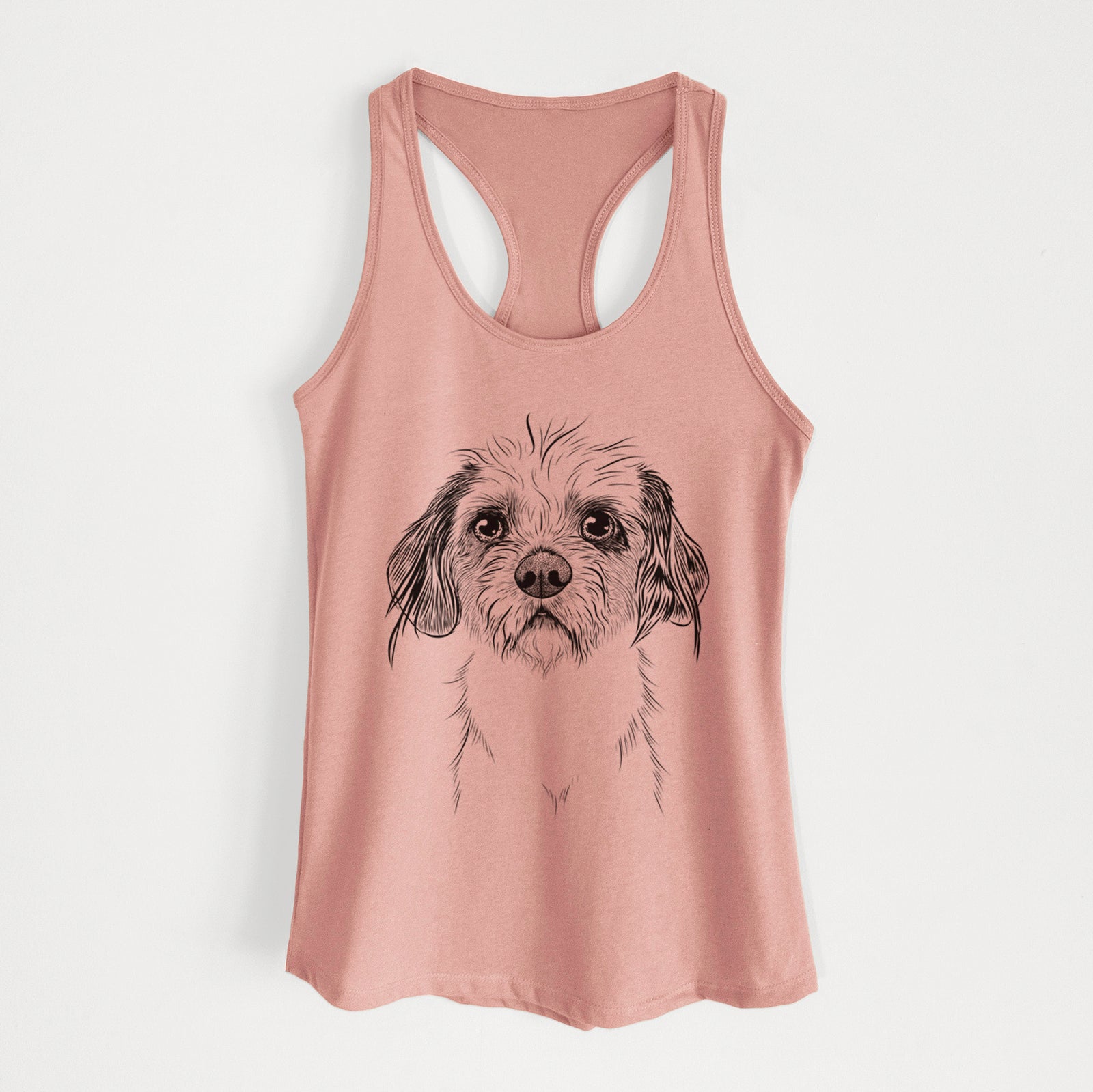 Hand-drawn sketch of Tiny Tucker the Mixed Breed on a Desert Pink Women's racerback tanktop