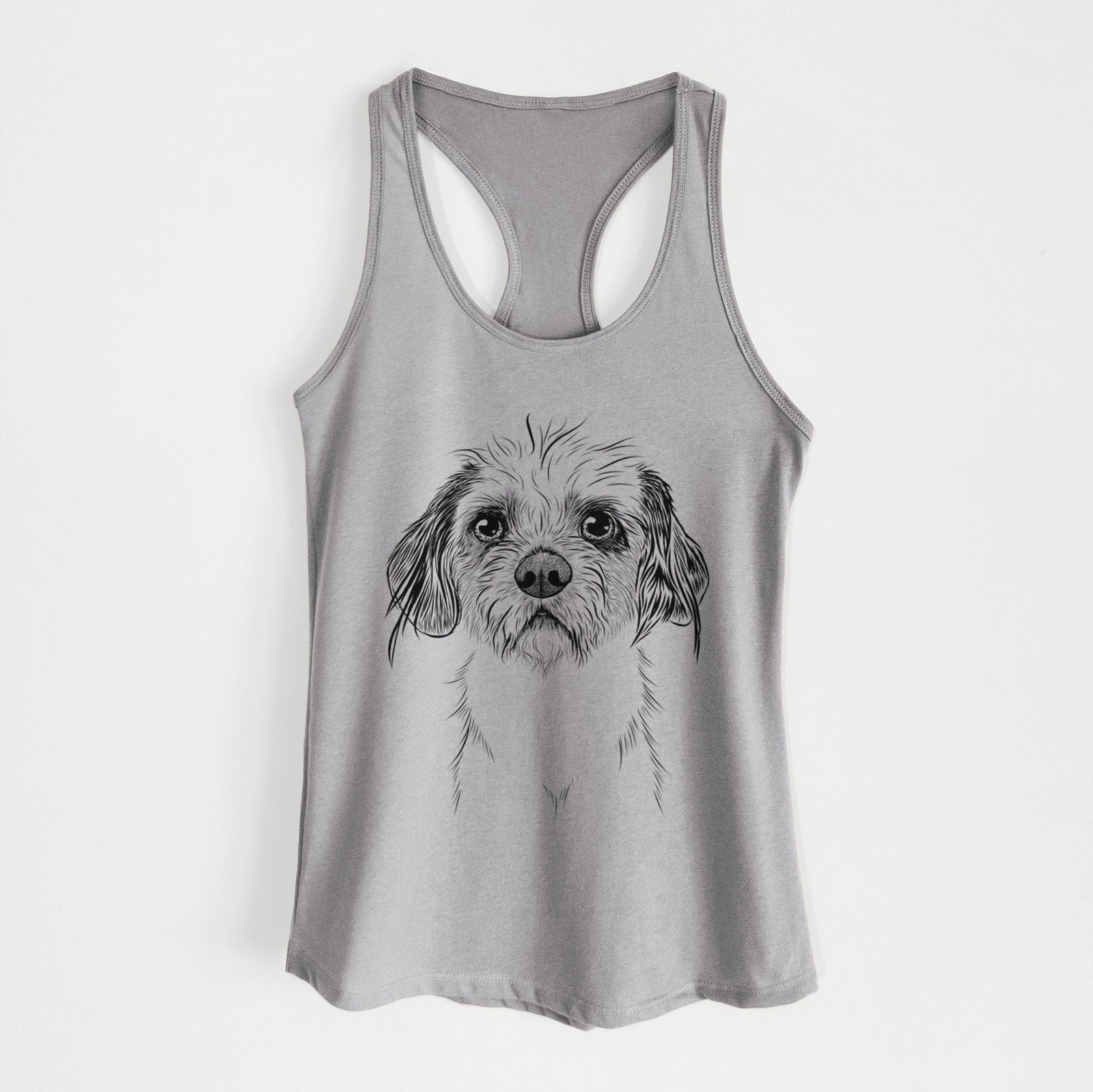 Hand-drawn sketch of Tiny Tucker the Mixed Breed on a Heather Grey Women's racerback tanktop