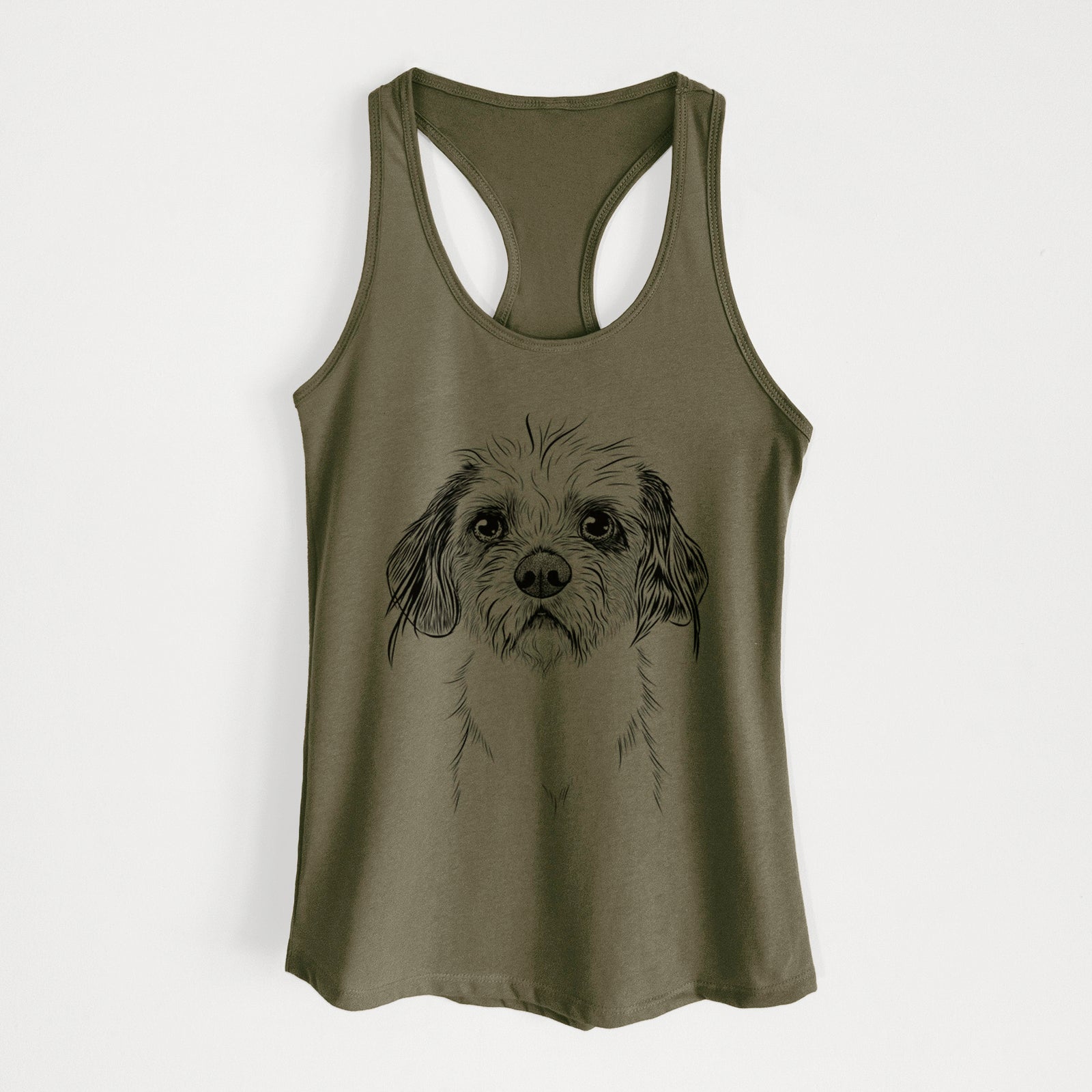 Hand-drawn sketch of Tiny Tucker the Mixed Breed on a Military Green Women's racerback tanktop