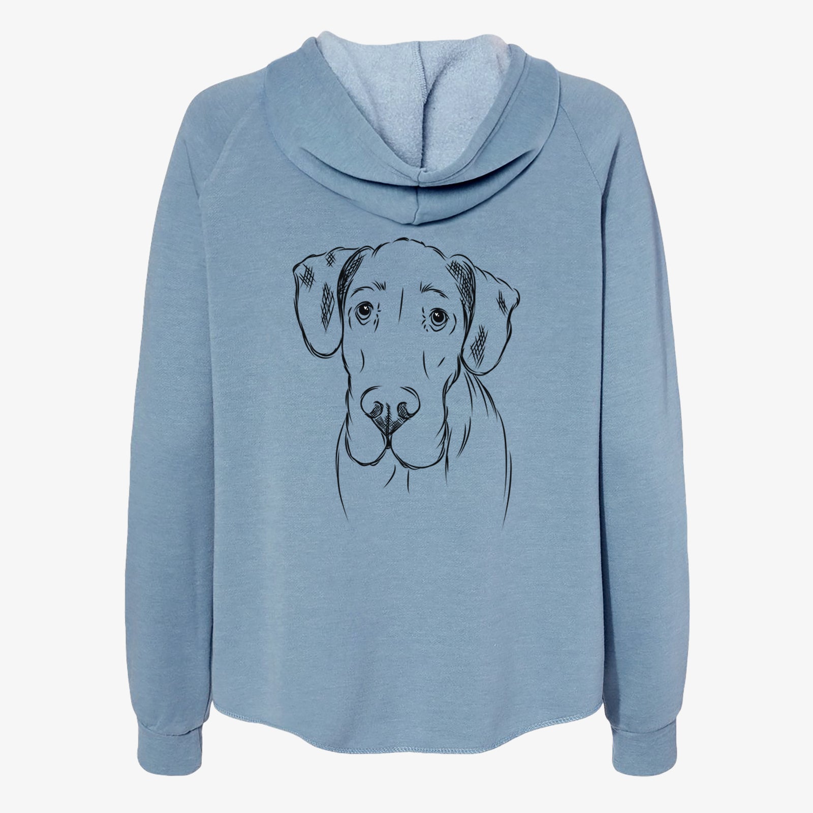 Hand-drawn sketch of Titus the Great Dane on a Misty Blue Women's cali wave zip-up sweatshirt