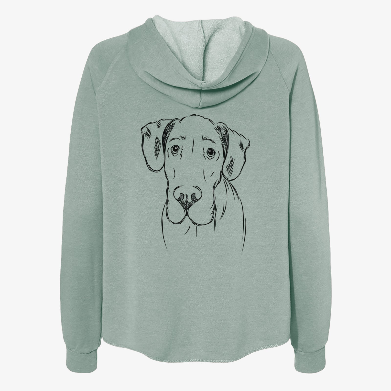 Hand-drawn sketch of Titus the Great Dane on a Sage Women's cali wave zip-up sweatshirt