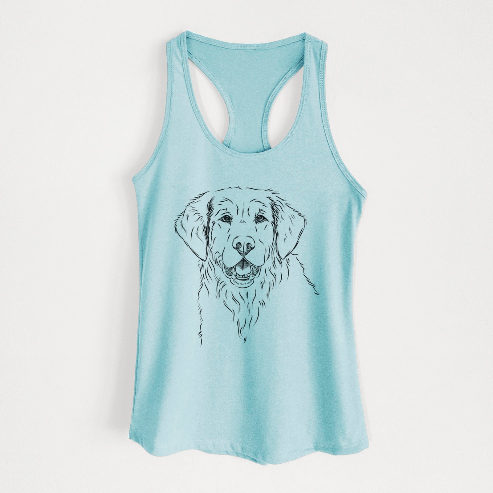 Hand-drawn sketch of Toby the Golden Retriever on a Cancun Blue Women's racerback tanktop