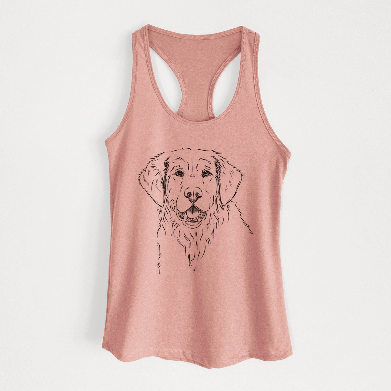 Hand-drawn sketch of Toby the Golden Retriever on a Desert Pink Women's racerback tanktop