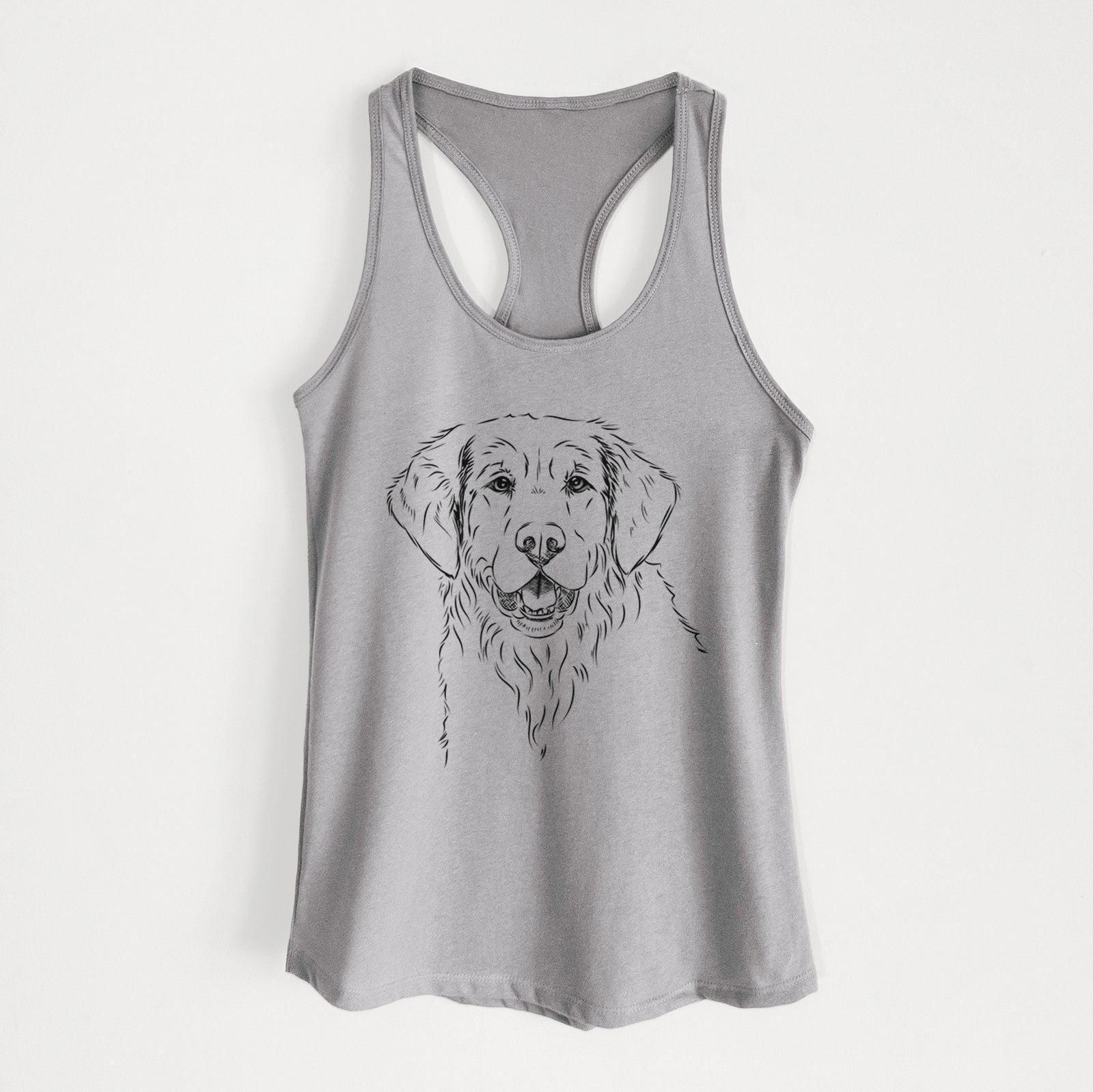 Hand-drawn sketch of Toby the Golden Retriever on a Heather Grey Women's racerback tanktop
