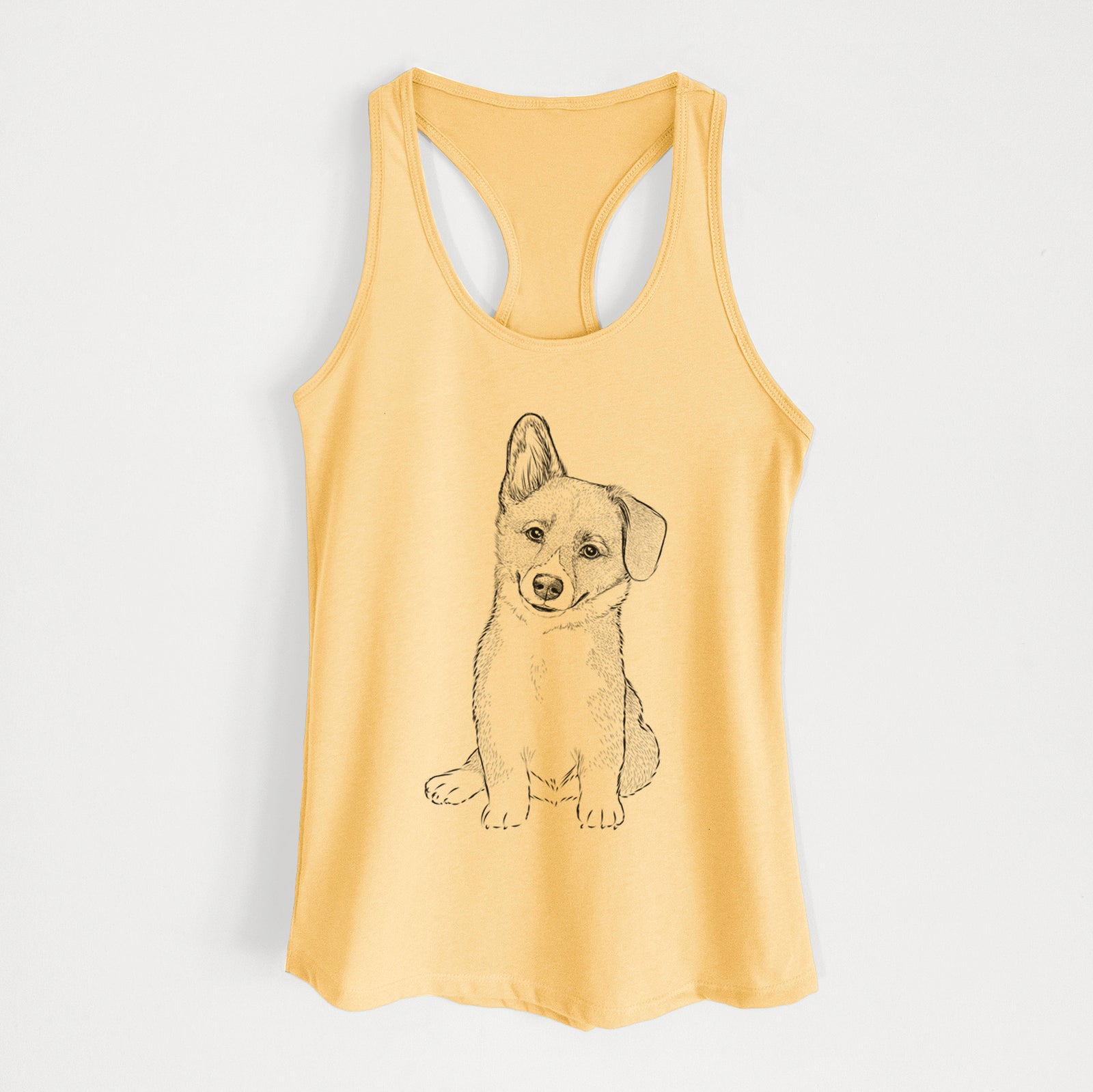 Hand-drawn sketch of Toby the Corgi Puppy on a Banana Cream Women's racerback tanktop