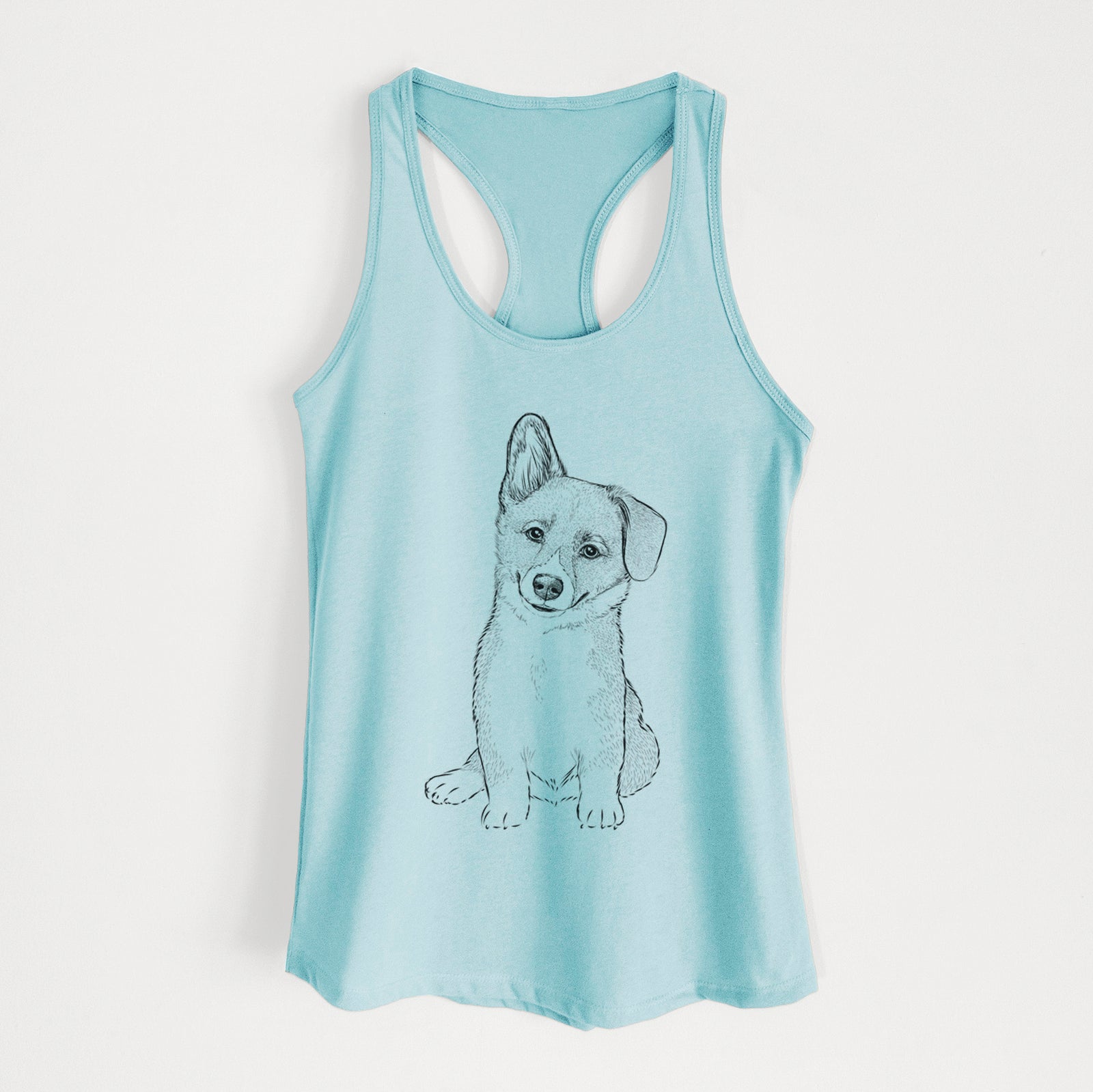 Hand-drawn sketch of Toby the Corgi Puppy on a Cancun Blue Women's racerback tanktop