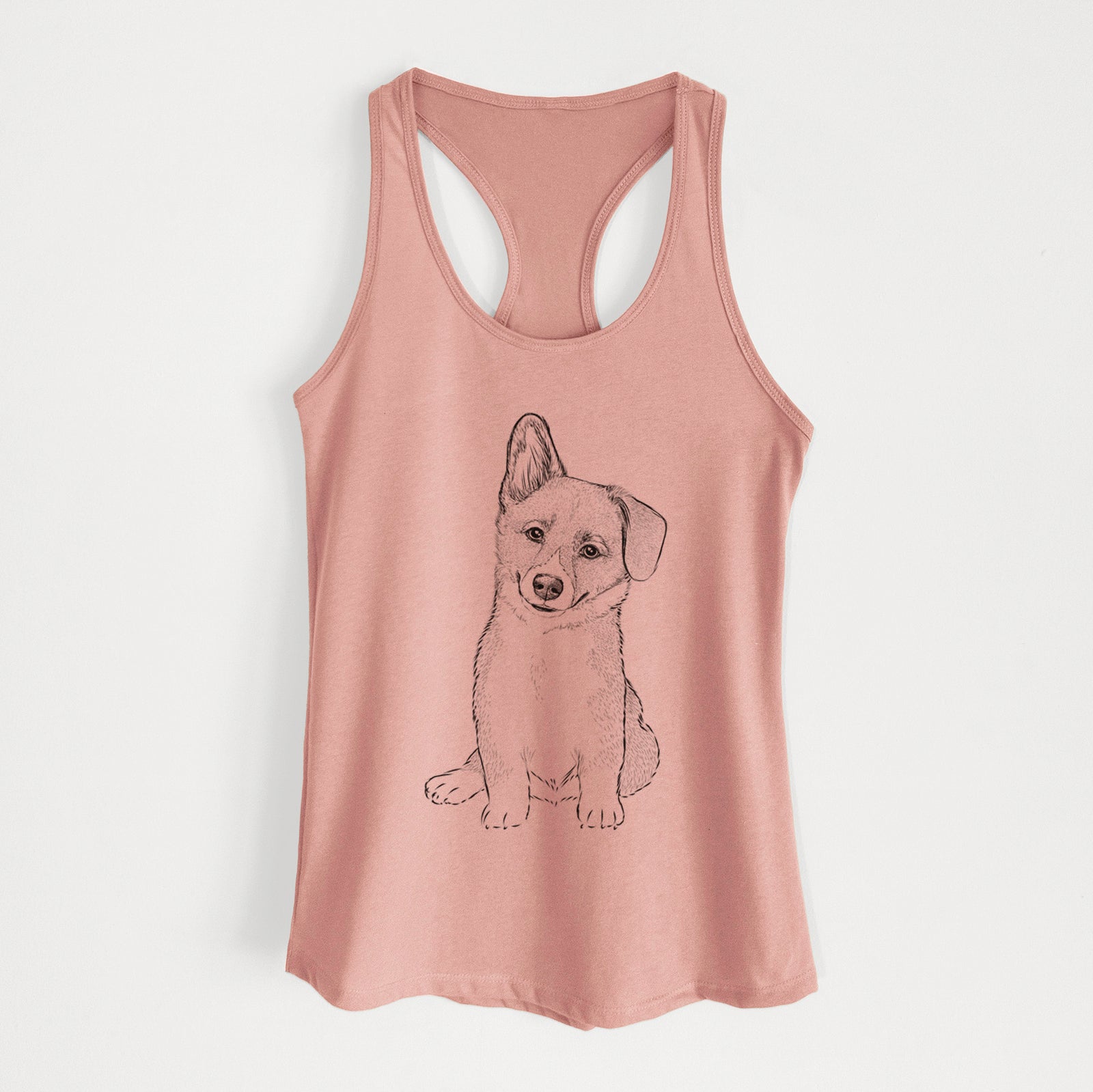 Hand-drawn sketch of Toby the Corgi Puppy on a Desert Pink Women's racerback tanktop