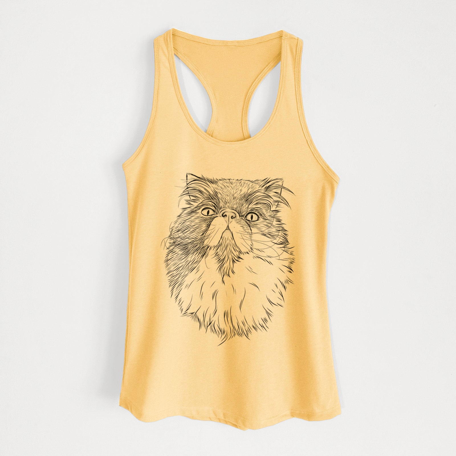 Hand-drawn sketch of Tookie the Perisan Cat on a Banana Cream Women's racerback tanktop