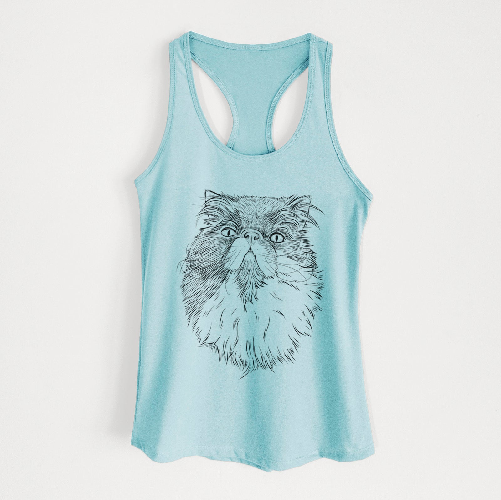 Hand-drawn sketch of Tookie the Perisan Cat on a Cancun Blue Women's racerback tanktop