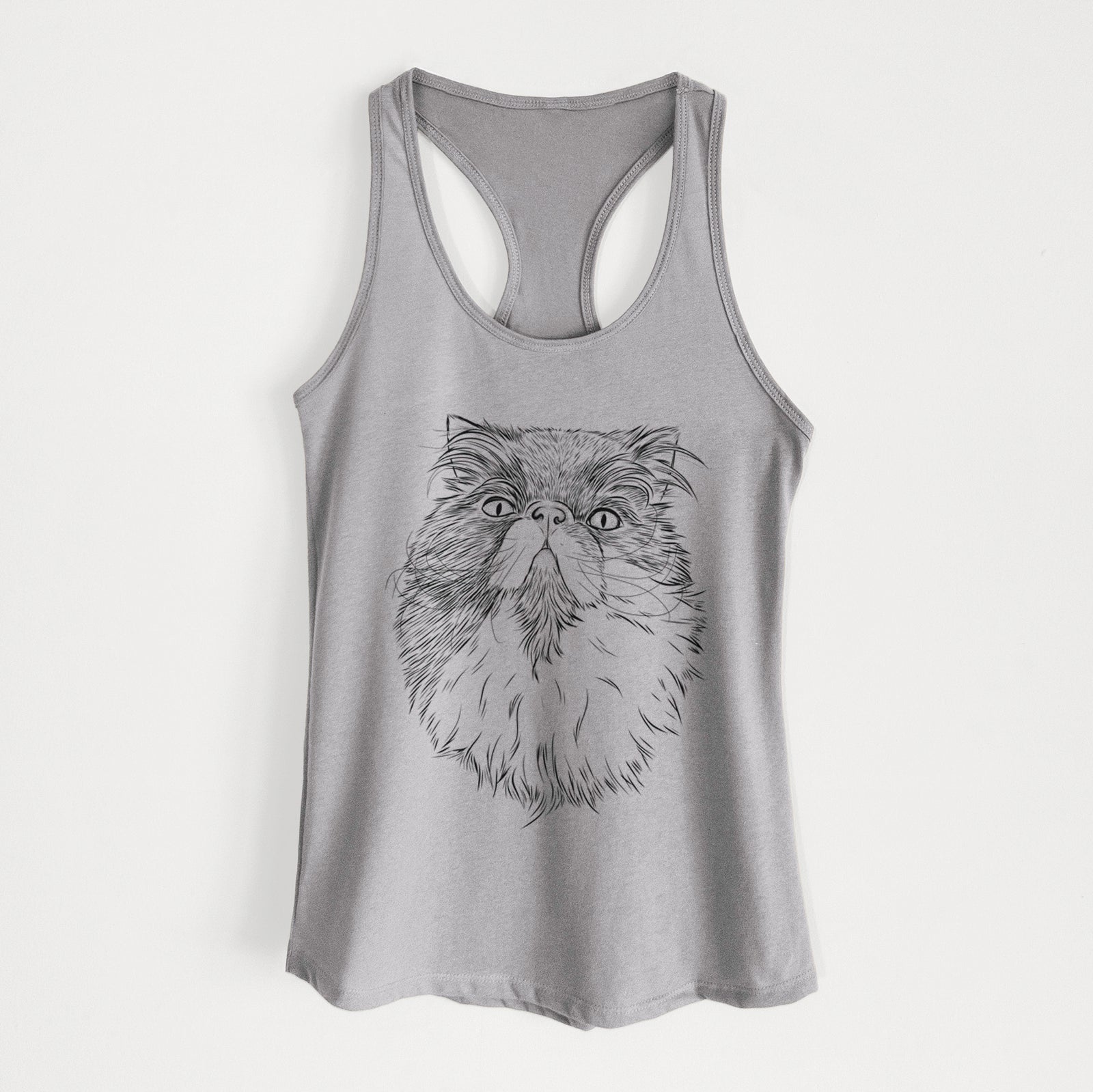 Hand-drawn sketch of Tookie the Perisan Cat on a Heather Grey Women's racerback tanktop