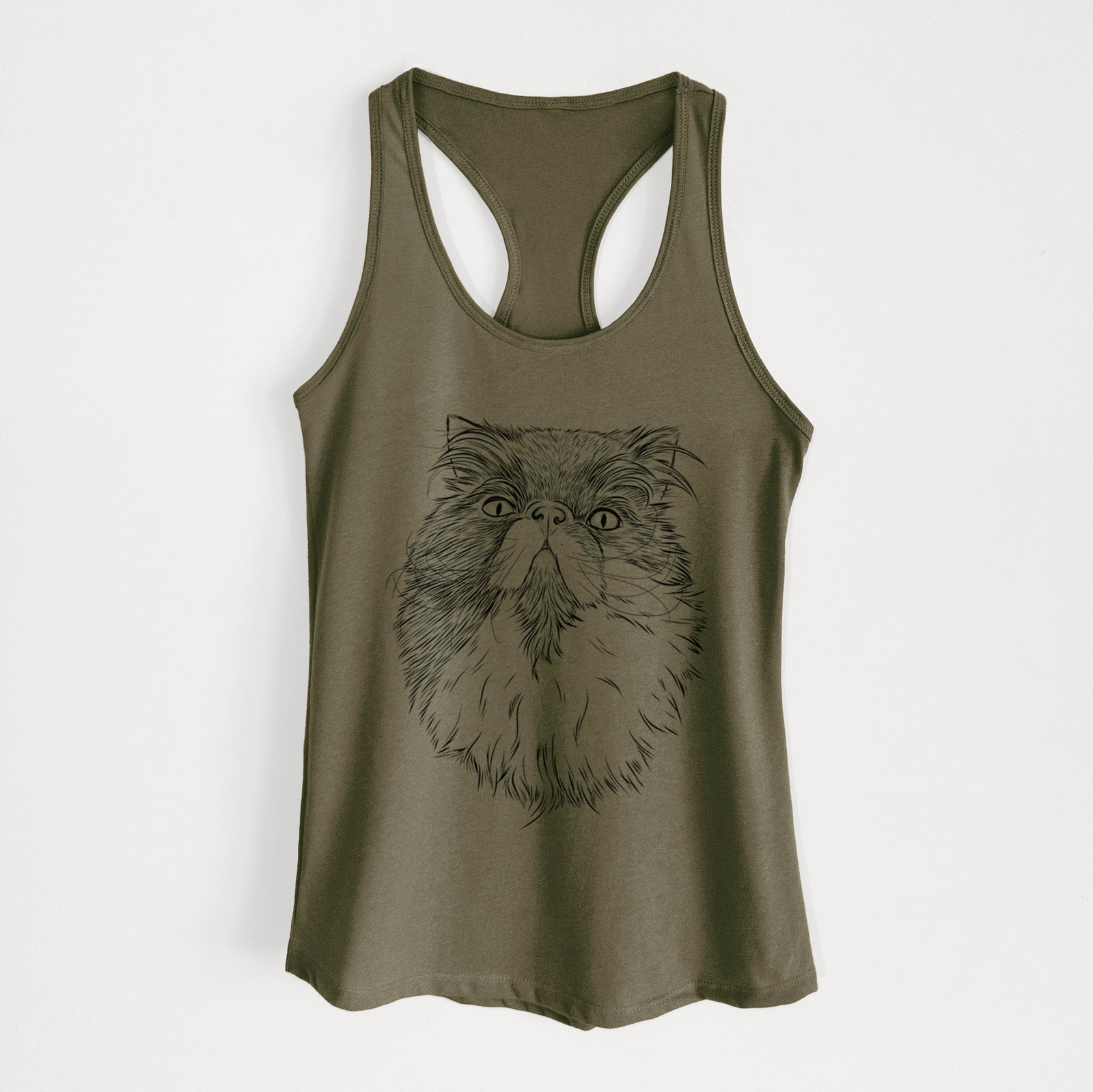 Hand-drawn sketch of Tookie the Perisan Cat on a Military Green Women's racerback tanktop