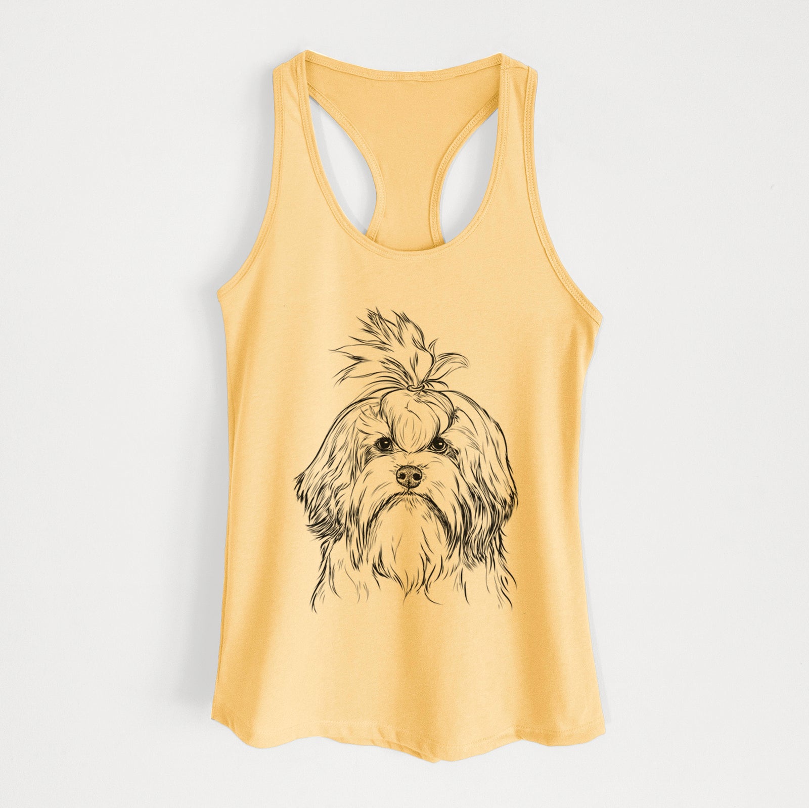 Hand-drawn sketch of Tootsie the Lowchen on a Banana Cream Women's racerback tanktop