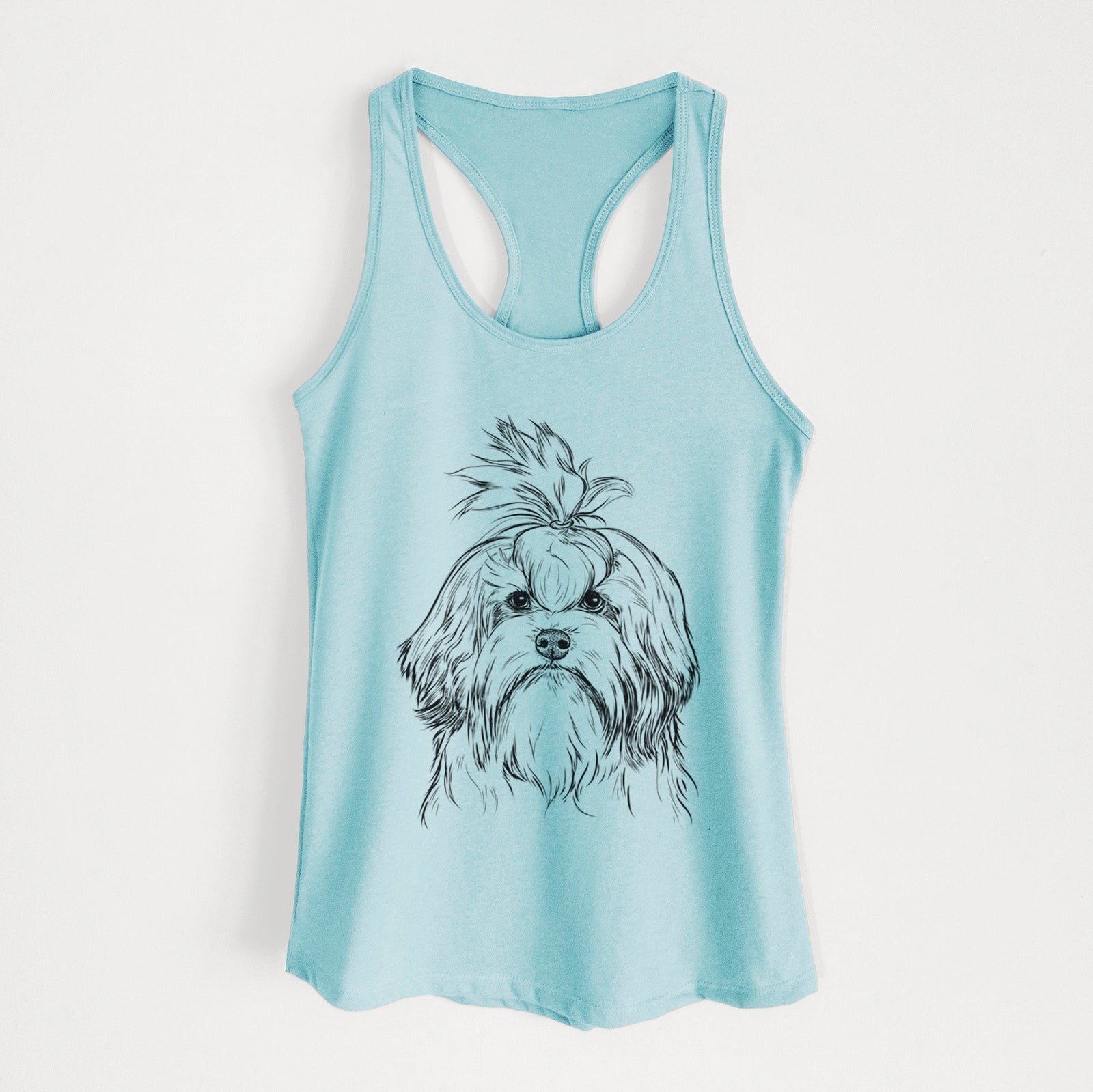 Hand-drawn sketch of Tootsie the Lowchen on a Cancun Blue Women's racerback tanktop